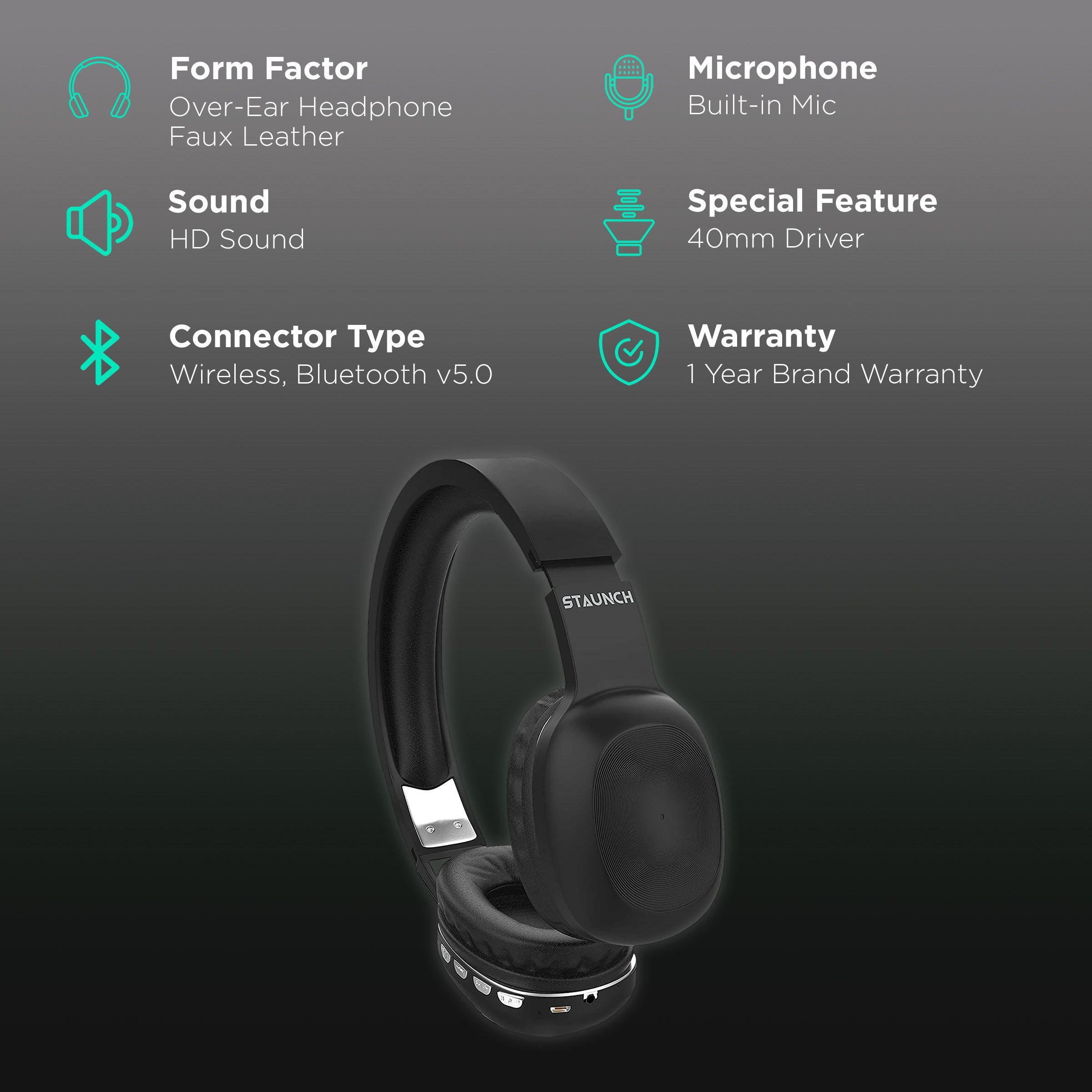 STAUNCH Rock 100 Bluetooth Headphone with Mic (8 Hours Playback, Over Ear, Black)_2