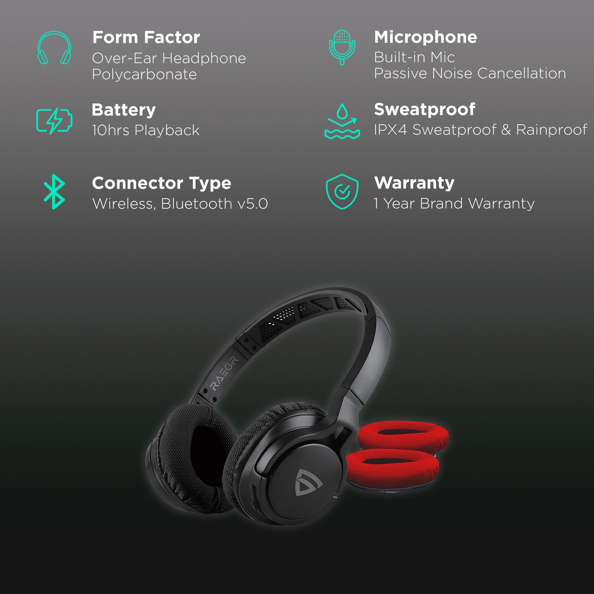 RAEGR AirBeats 500 RG10066 Bluetooth Headphone with Mic (10 Hours Playback, Over Ear, Black/Red)_2