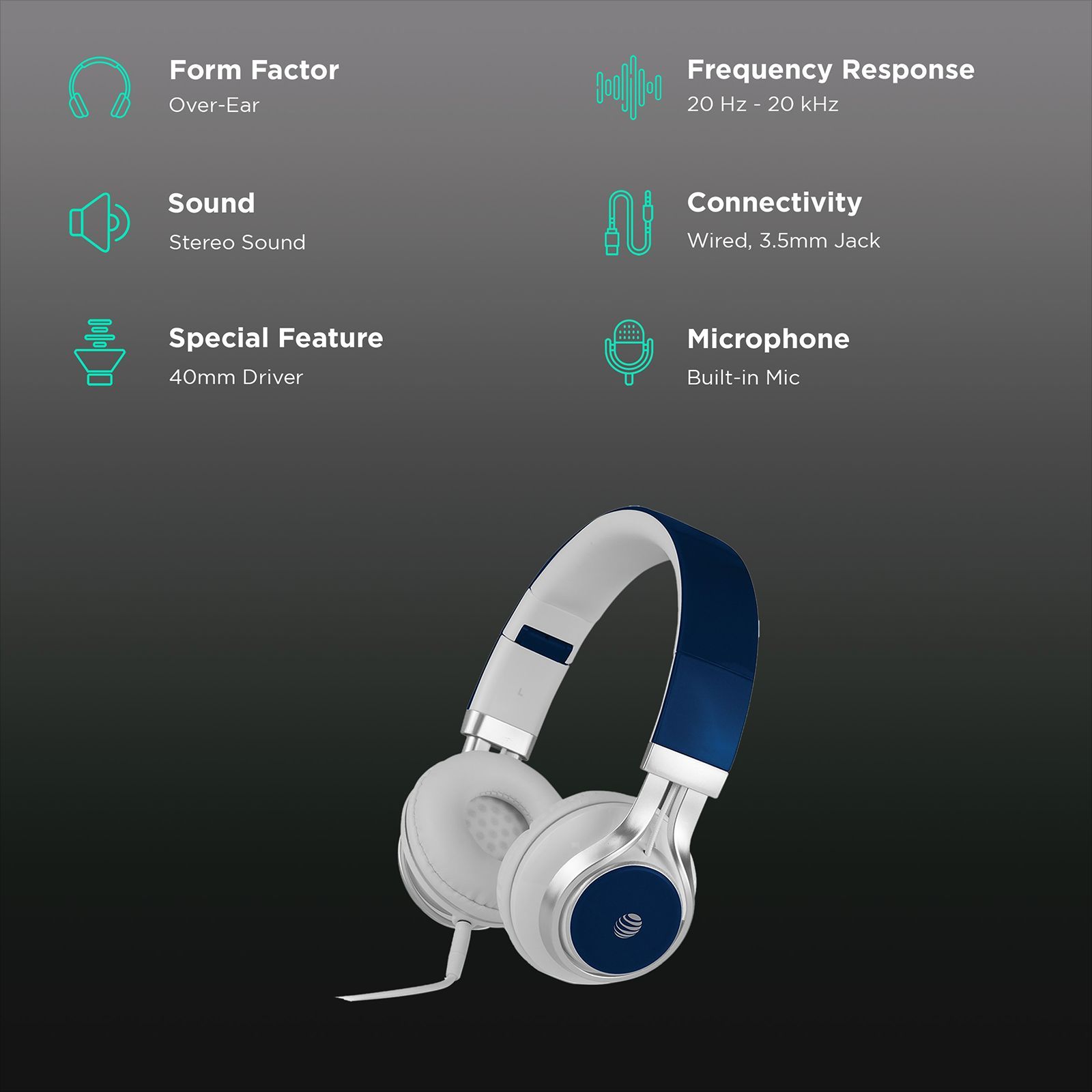 AT&T HPM10-BLU Wired Headset with Mic (Over-Ear, Blue)_2