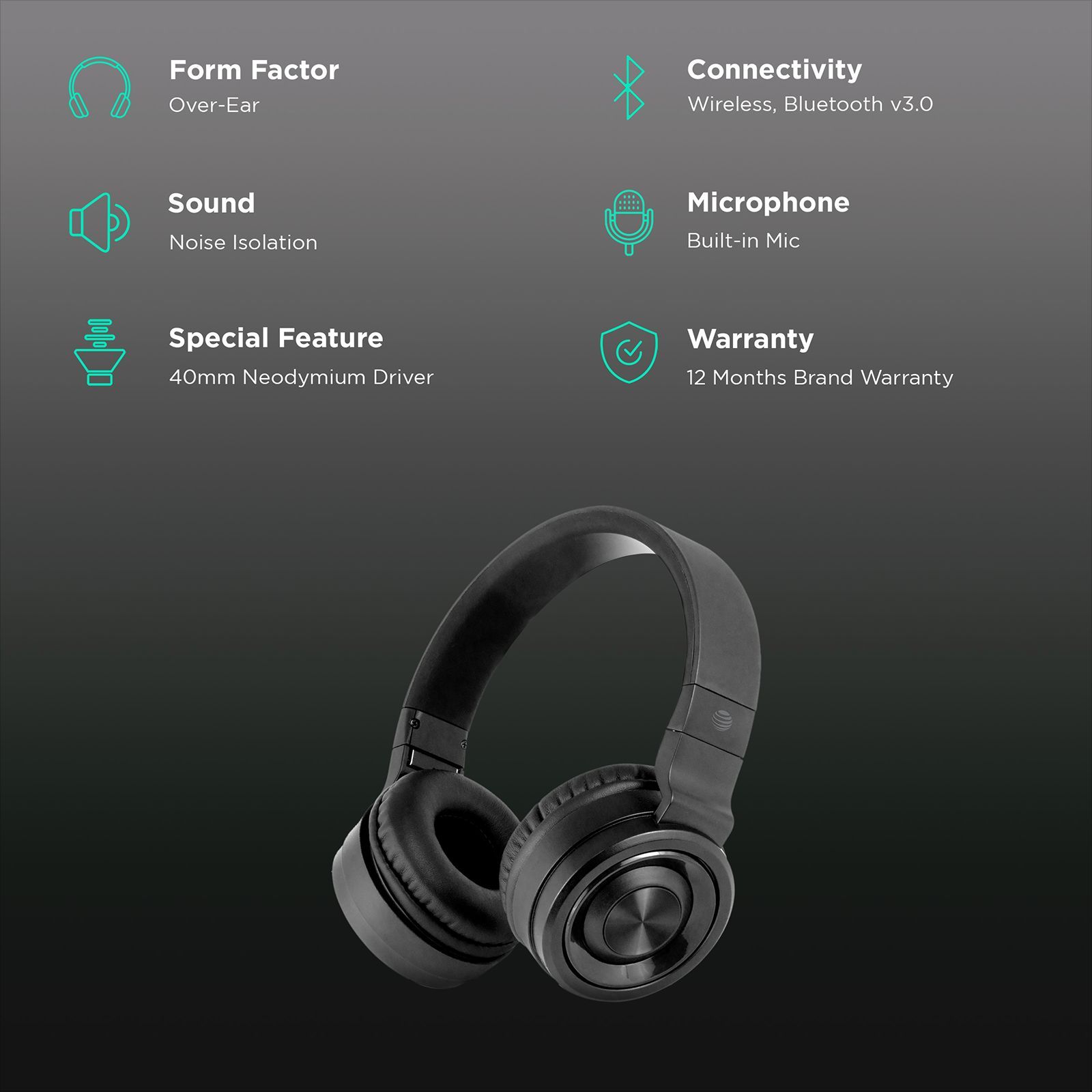 AT&T PBH20 BLK Headphone with Mic (Noise Isolation, 40 mm Neodymium Drivers, Over Ear, Black)_2