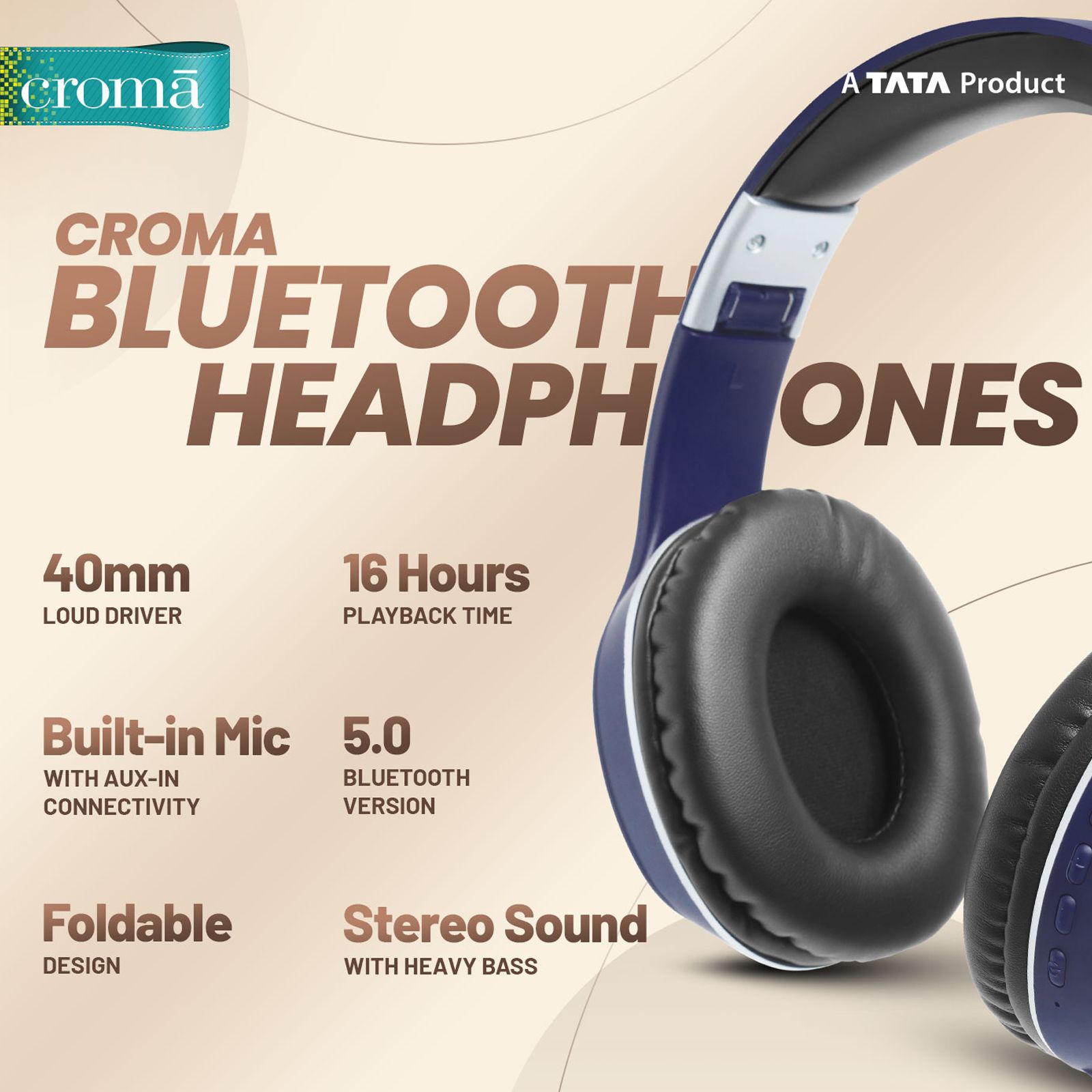 Croma Bluetooth Headphone with Mic (Up to 16 Hours Playback, On Ear, Blue)_8