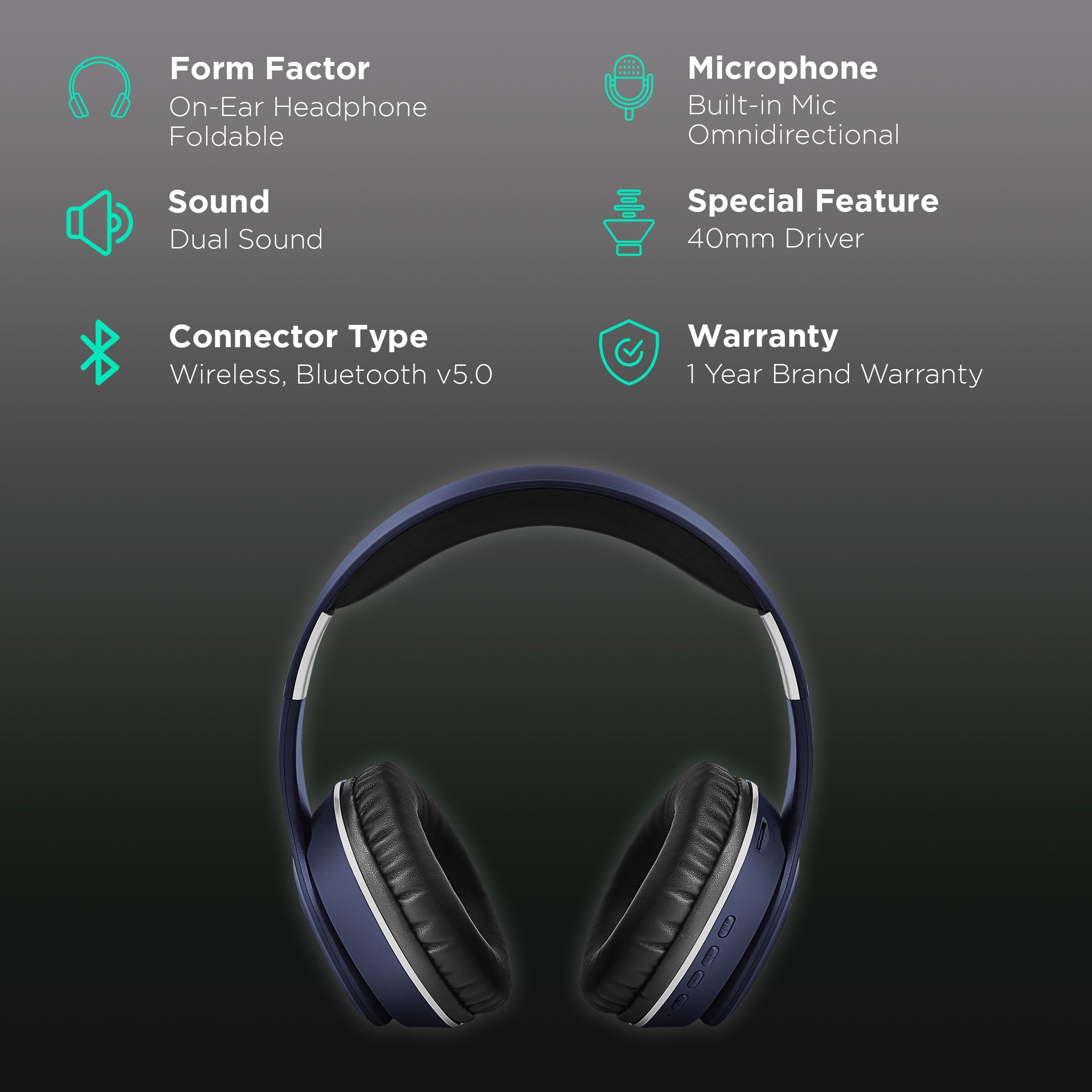 Croma Bluetooth Headphone with Mic (Up to 16 Hours Playback, On Ear, Blue)_2