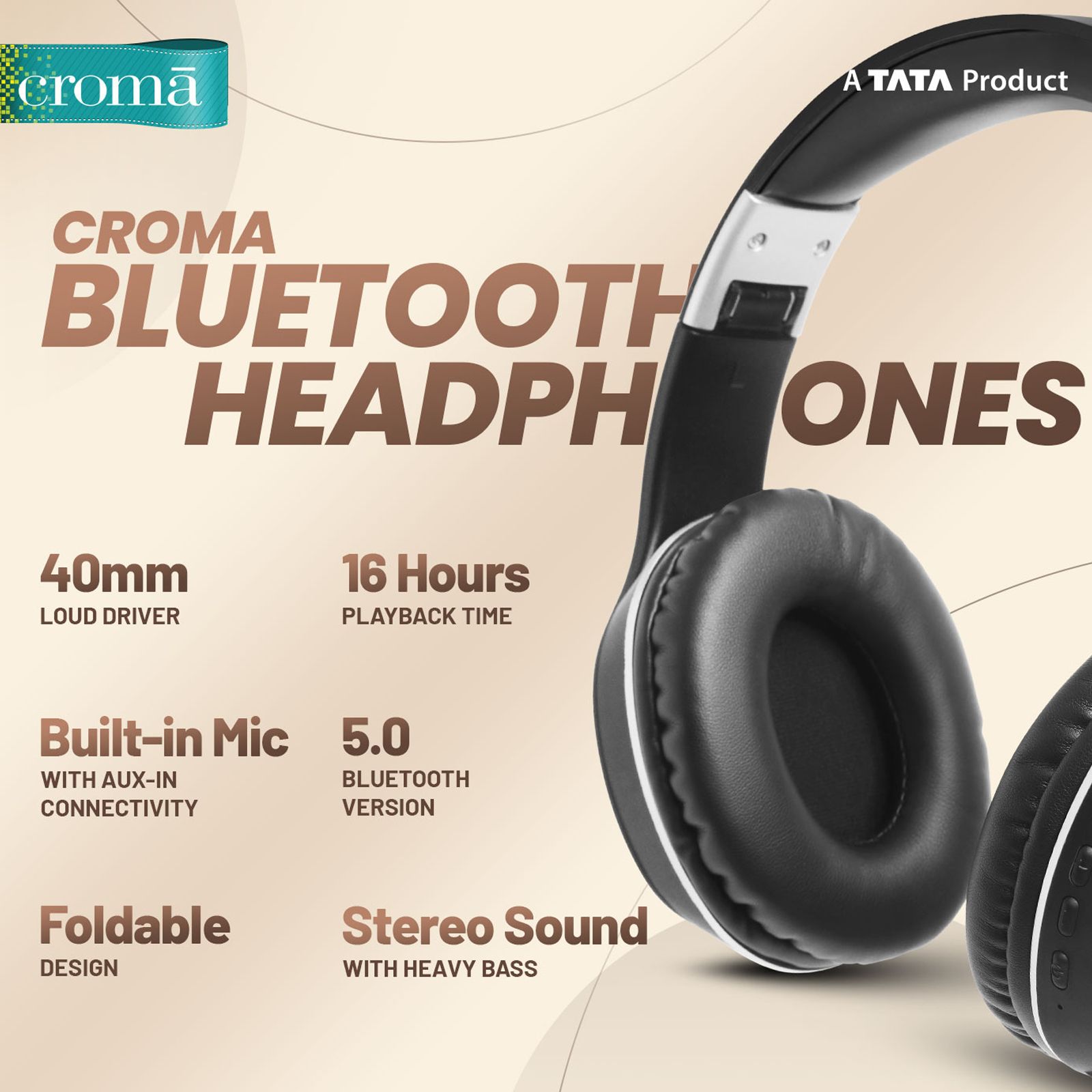 Croma Bluetooth Headphone with Mic (Up to 16 Hours Playback, On Ear, Black)_7