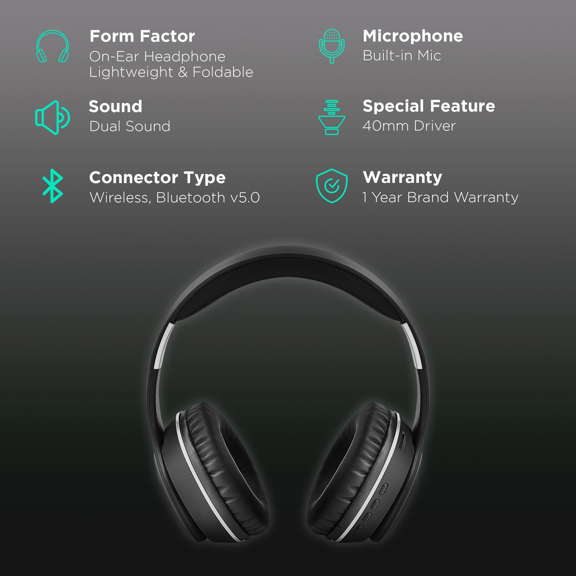 Croma Bluetooth Headphone with Mic (Up to 16 Hours Playback, On Ear, Black)_2