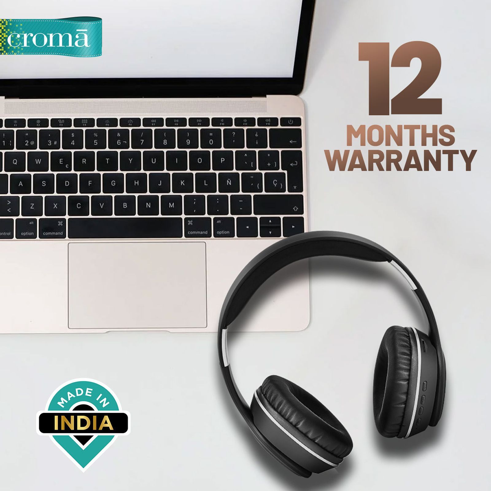 Croma Bluetooth Headphone with Mic (Up to 16 Hours Playback, On Ear, Black)_6