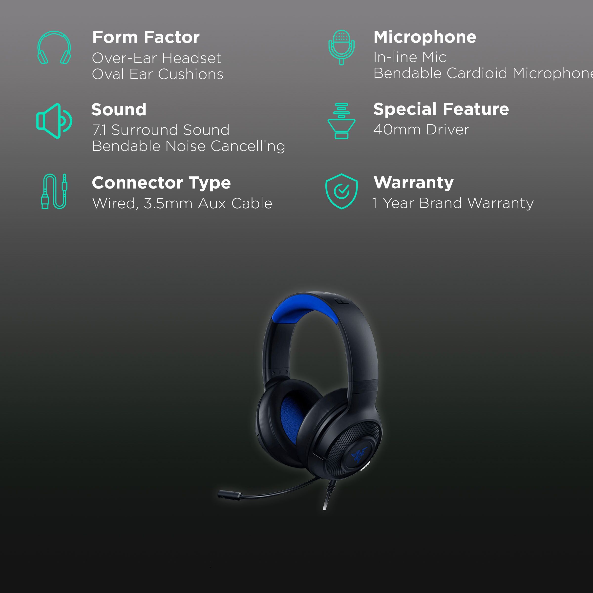 RAZER Kraken X RZ04-02890200-R3M1 Wired Gaming Headset (Sweat & Water Resistance, Over Ear, Black/Blue)_2