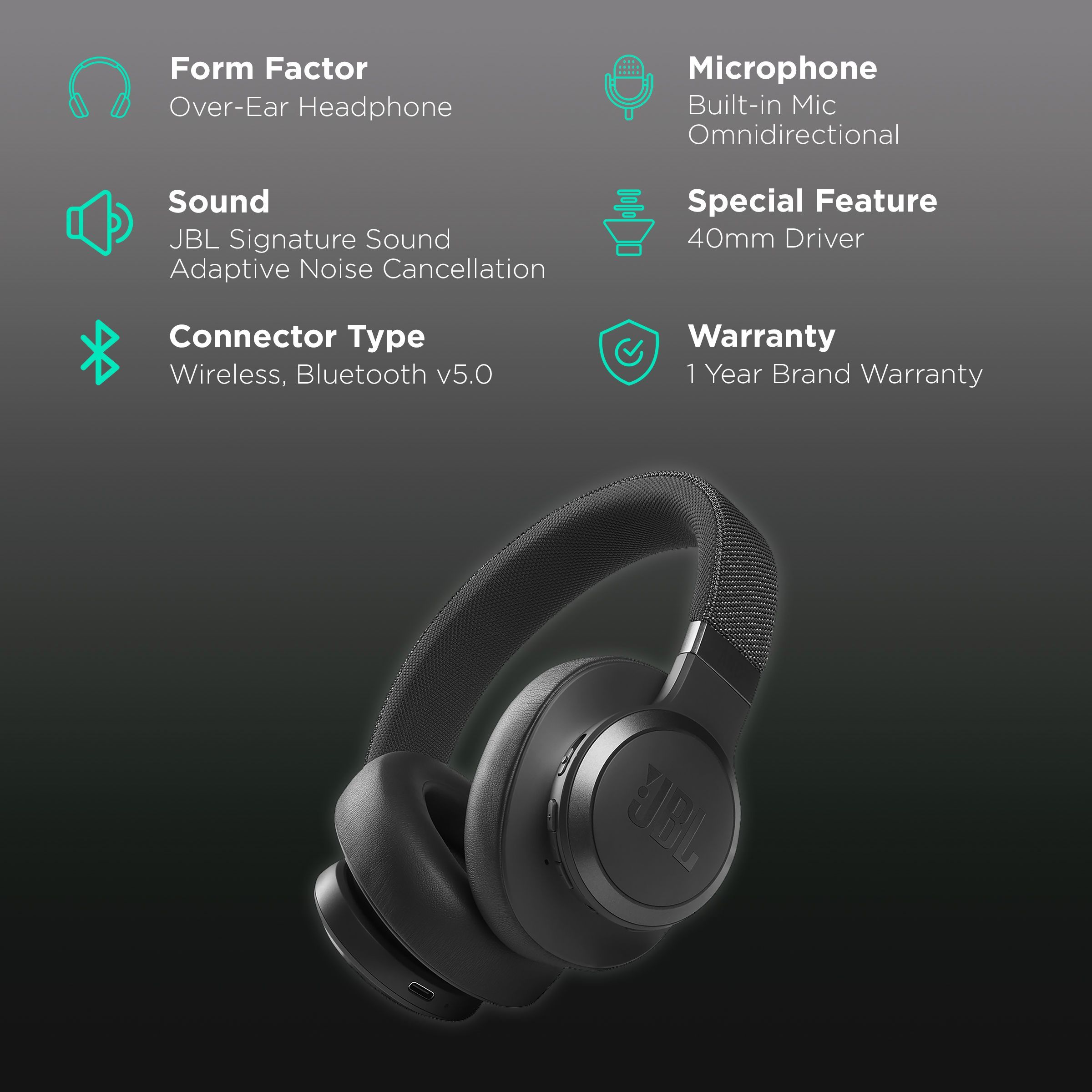 JBL Live 660NC JBLLIVE660NCBLK Bluetooth Headphone with Mic (50 Hours Playback, Over Ear, Black)_2