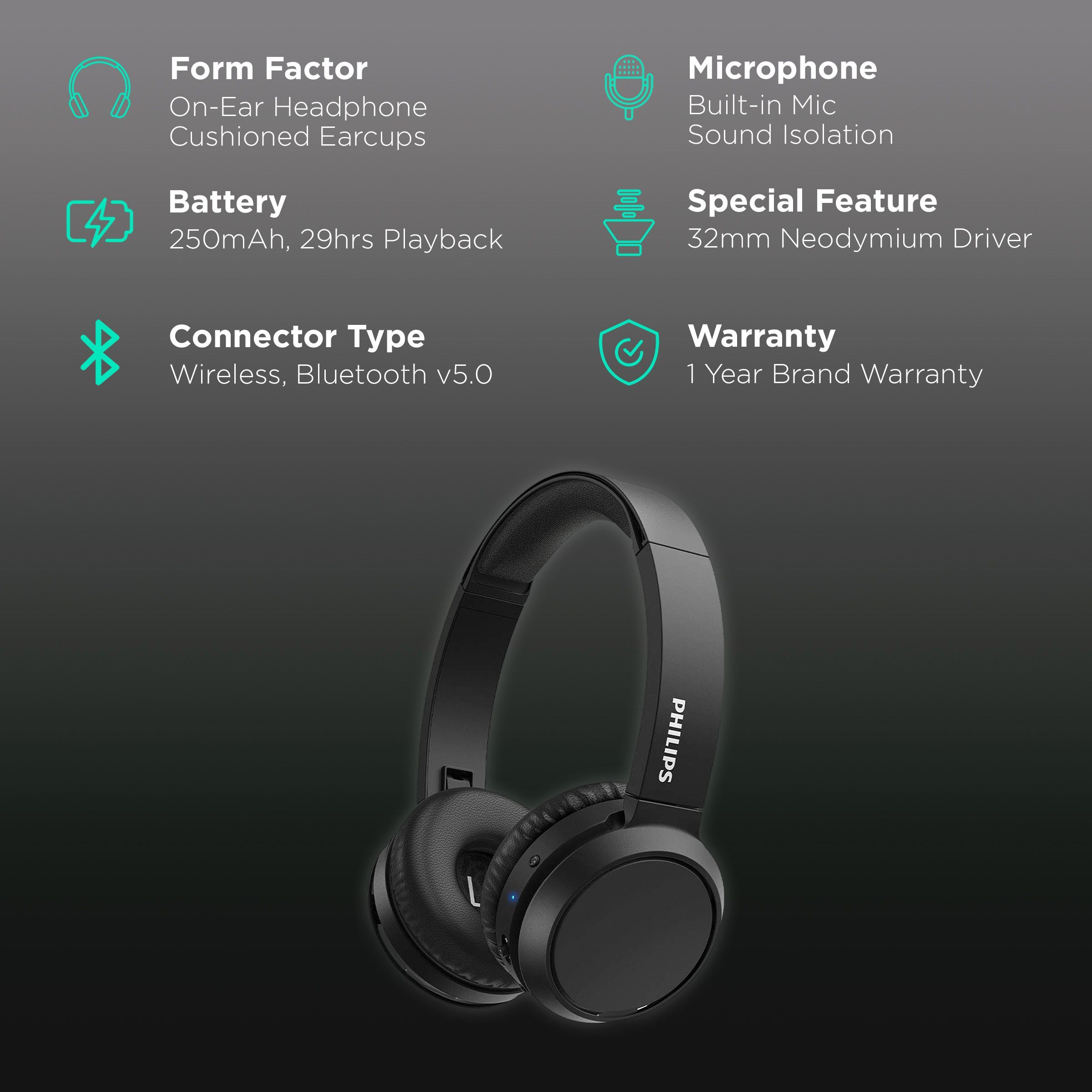 PHILIPS TAH4205BK/00 Bluetooth Headphone with Mic (29 Hours Playback, On Ear, Black)_2