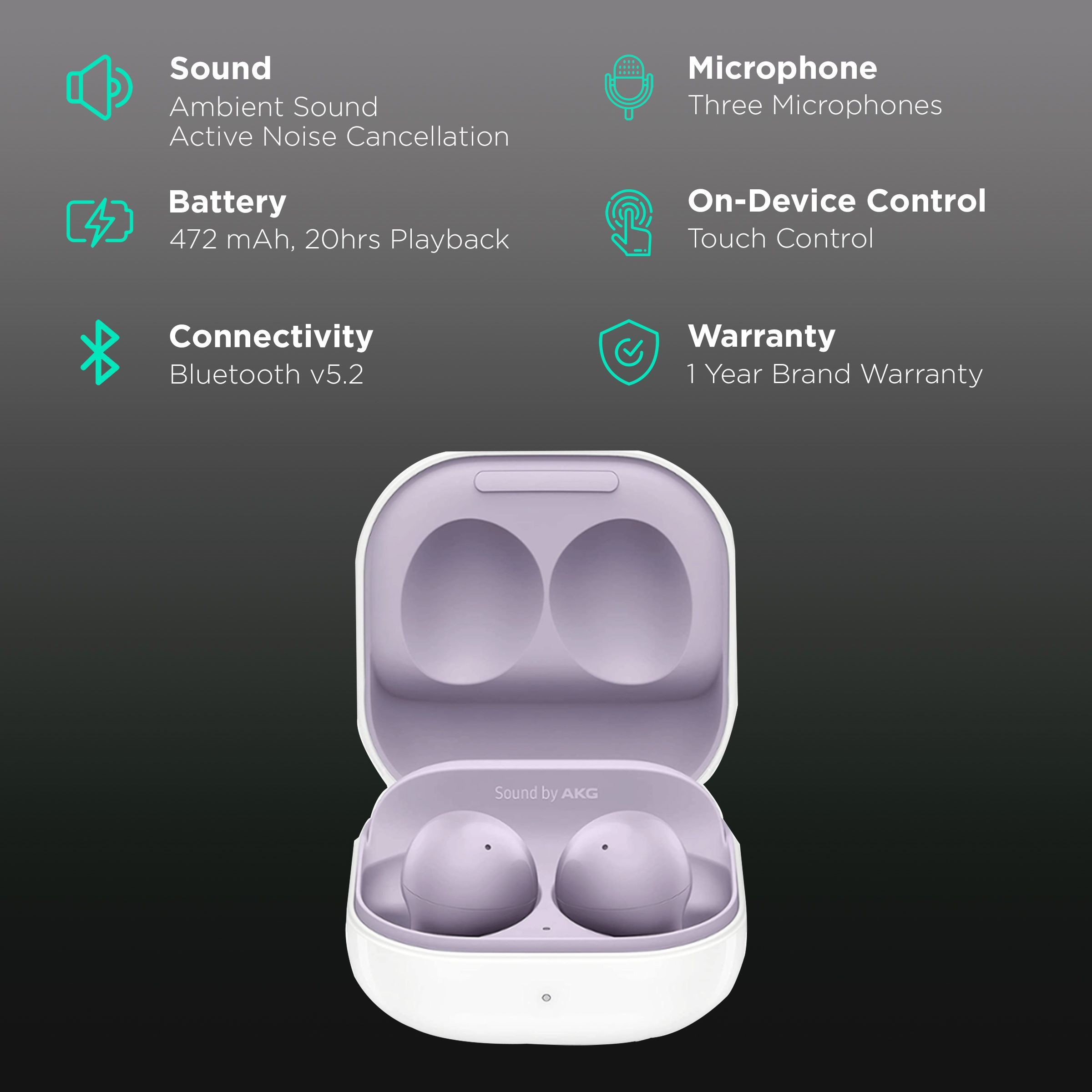 SAMSUNG Galaxy Buds2 SM-R177NLVAINU TWS Earbuds with Active Noise Cancellation (20 Hours Playback, Lavender)_2