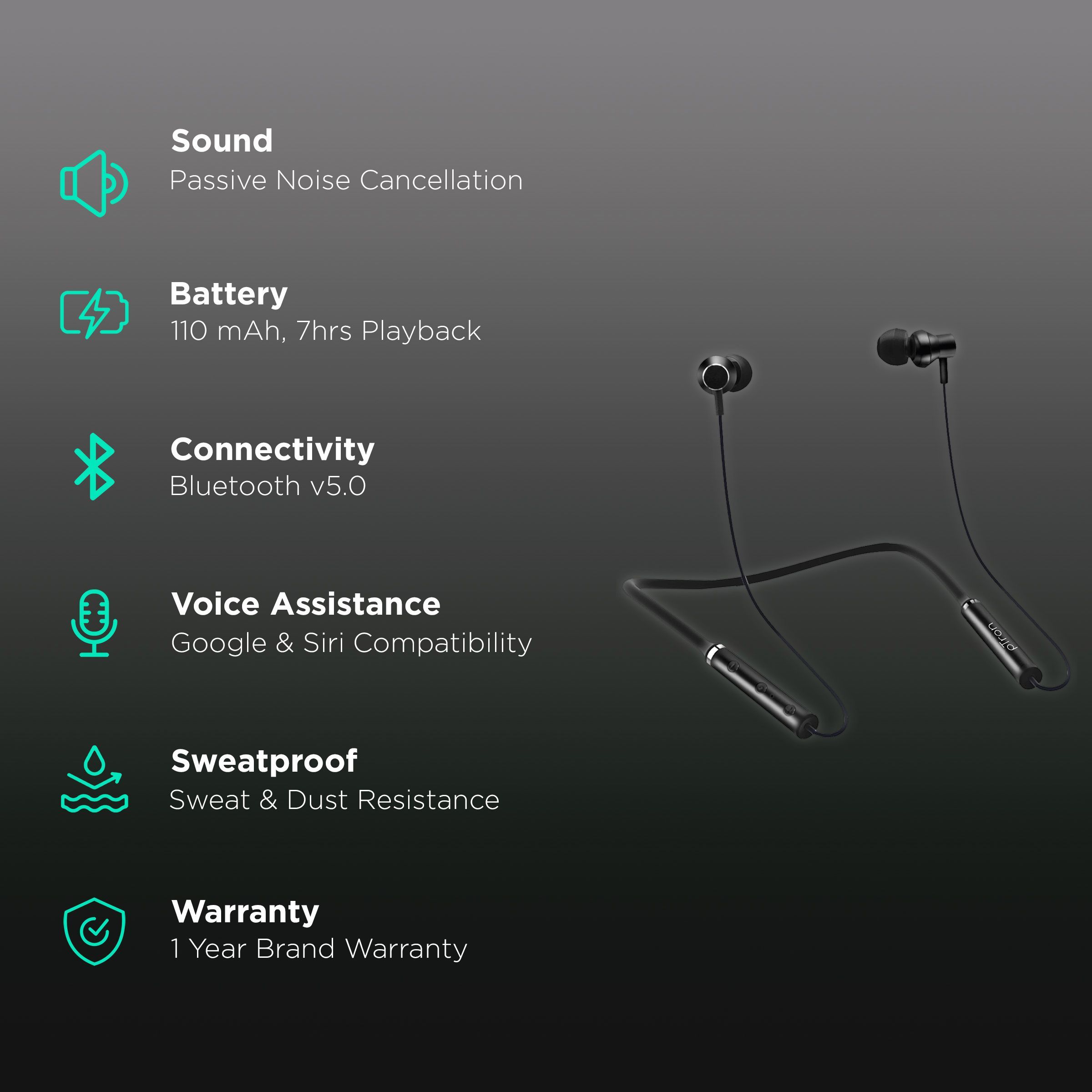 pTron InTunes Beats 140317889 Neckband with Passive Noise Cancellation (Sweat & Dust Resistant, 6 Hours Playtime, Black)_2