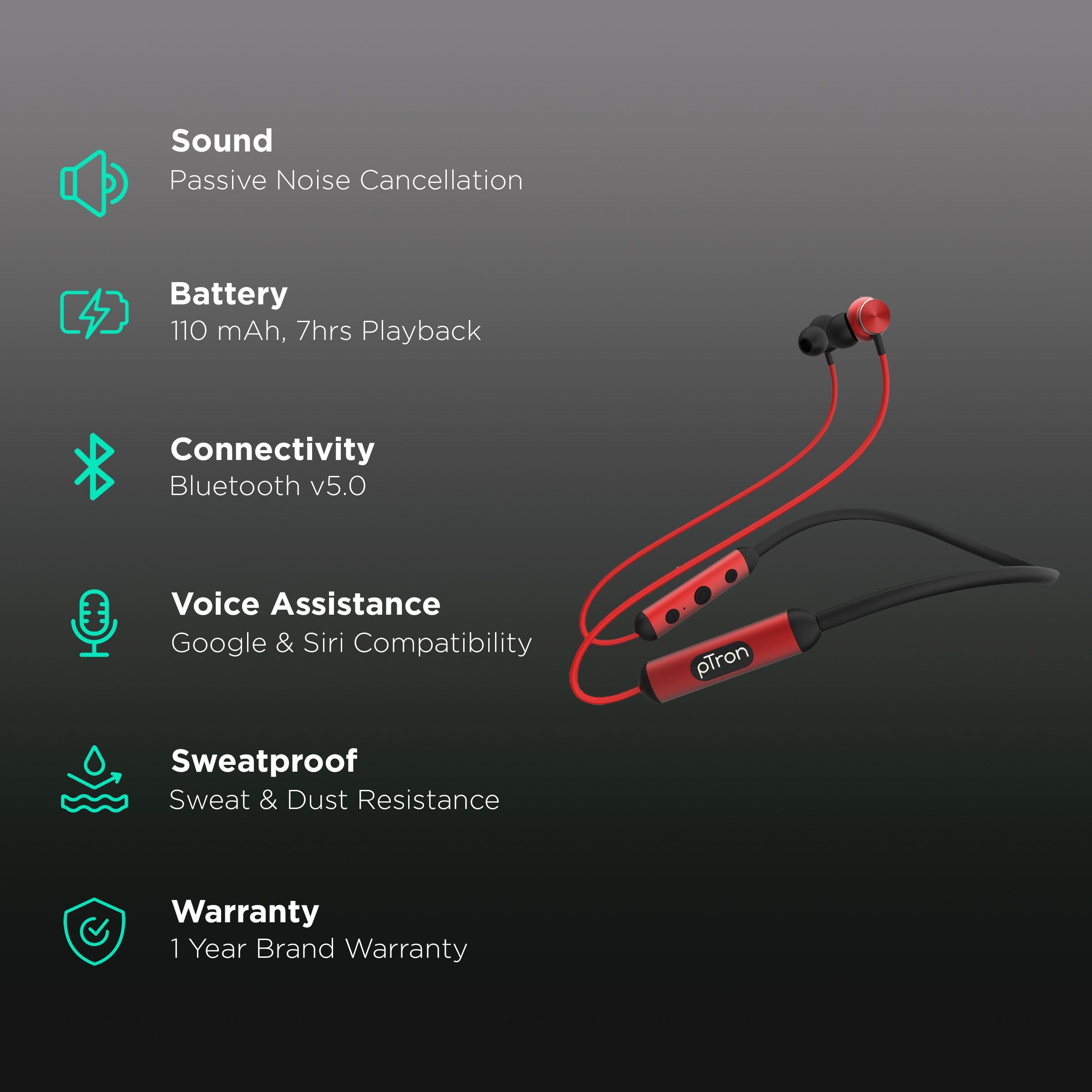 pTron InTunes Ultima 140318024 Neckband with Passive Noise Cancellation (IPX4 Sweat & Water Resistant, 18 Hours Playtime, Black/Red)_2