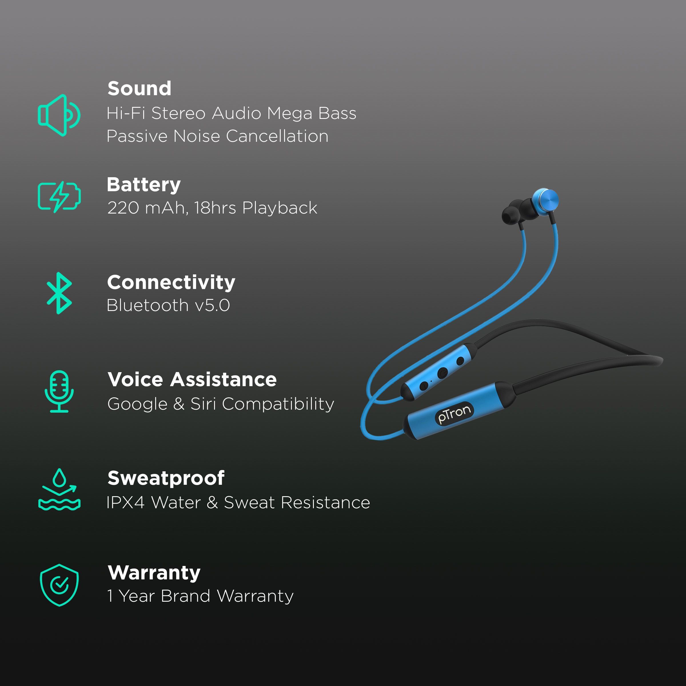 pTron InTunes Ultima 140318023 Neckband with Passive Noise Cancellation (IPX4 Sweat & Water Resistant, 18 Hours Playtime, Black/Blue)_2