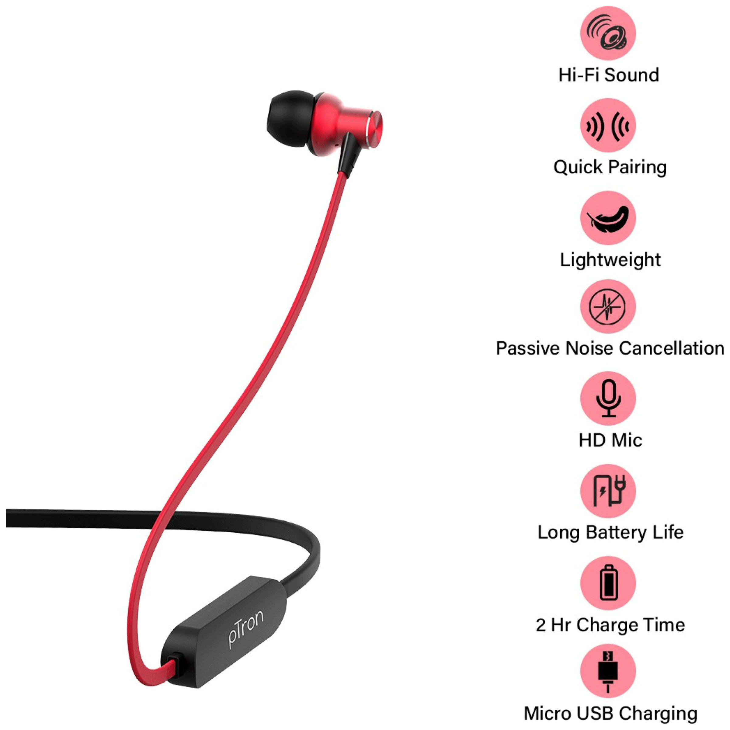 pTron Avento Classic 140317897 Neckband with Passive Noise Cancellation (Sweat & Water Resistant, 3.5 Hours Playtime, Black/Red)_6