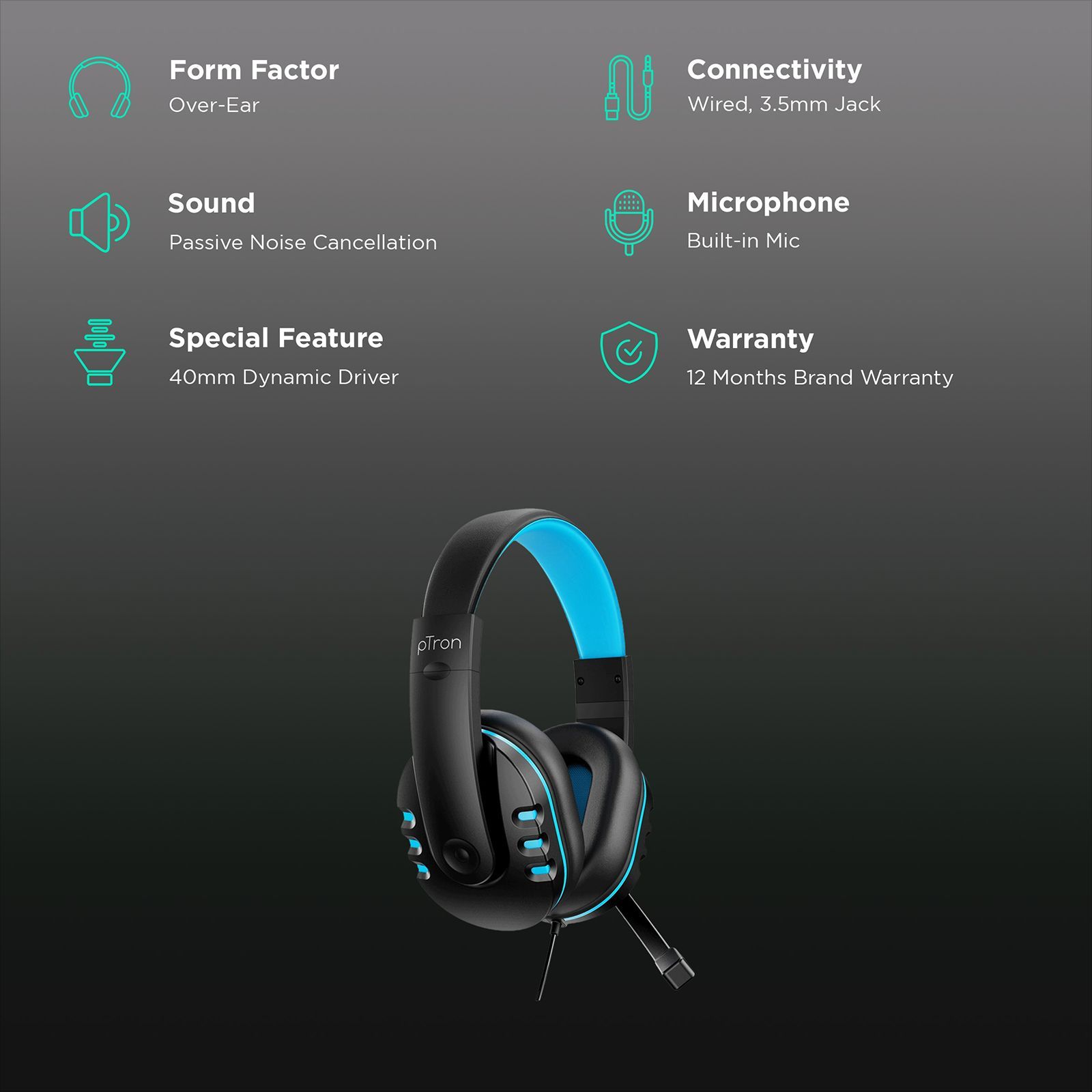 pTron Soundster Arcade 140317988 Over-Ear Wired Gaming Headphone with Mic (40mm Dynamic Driver, Black/Blue)_2