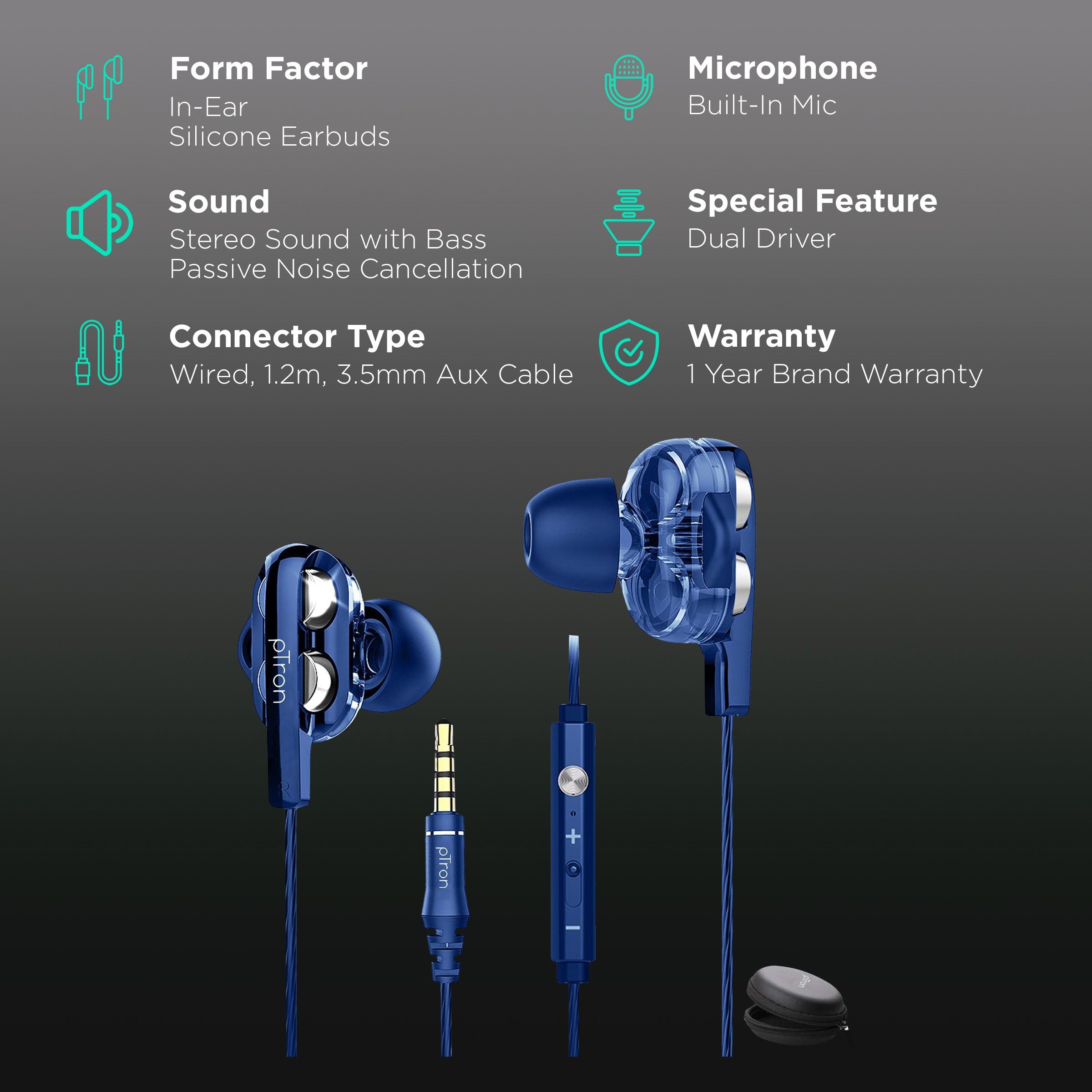 pTron Boom Pro 140317851 Wired Earphone with Mic (In Ear, Dark Blue) pTron Boom Pro 140317851 Wired Earphone with Mic (In Ear, Dark Blue)_2