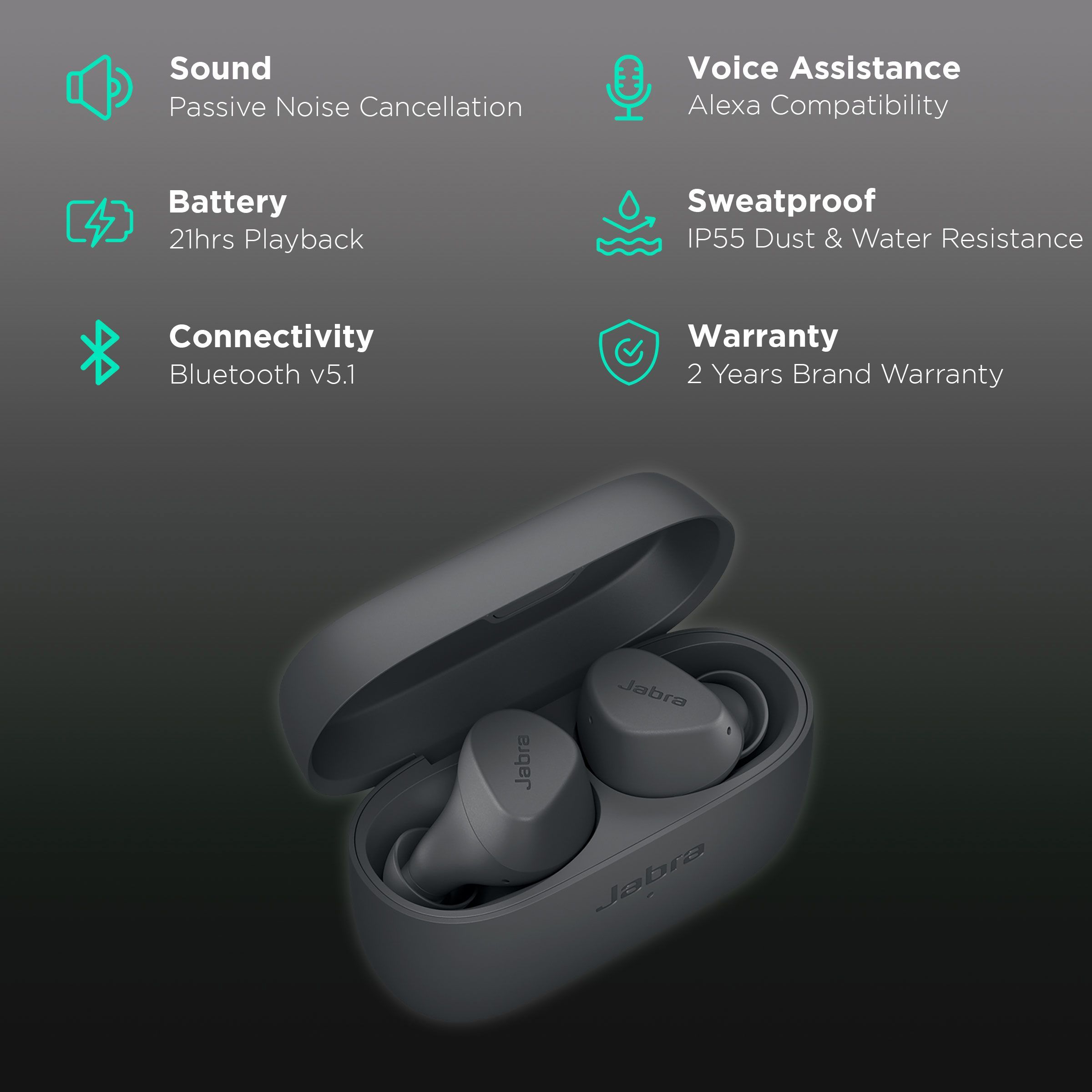 Jabra Elite 2 TWS Earbuds with Passive Noise Cancellation (IP55 Rainproof, 28 Hours Playtime, Dark Grey)_2