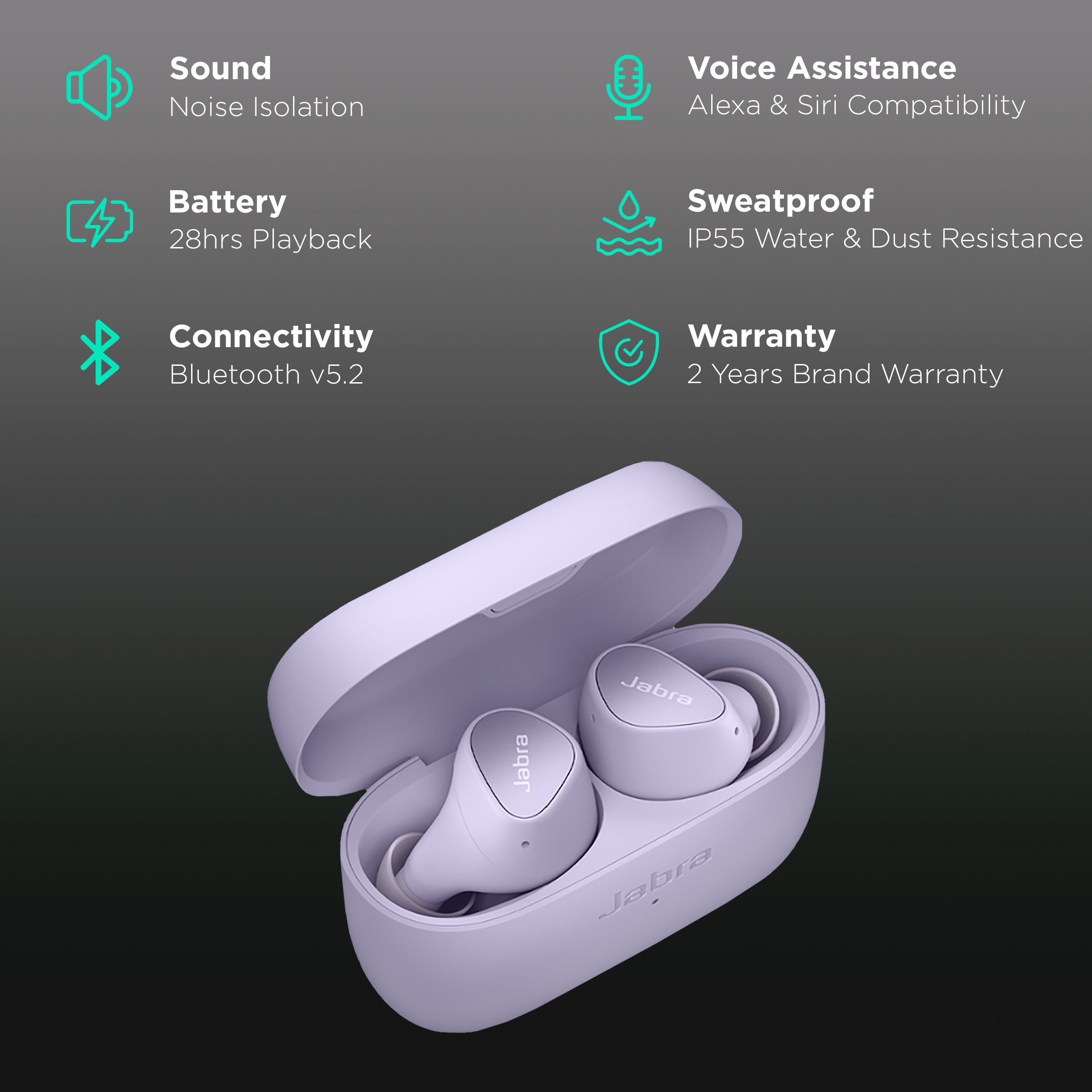 Jabra Elite 3 TWS Earbuds with Noise Isolation (IP55 Water & Dust Resistant, 28 Hours Playback, Lilac)_2