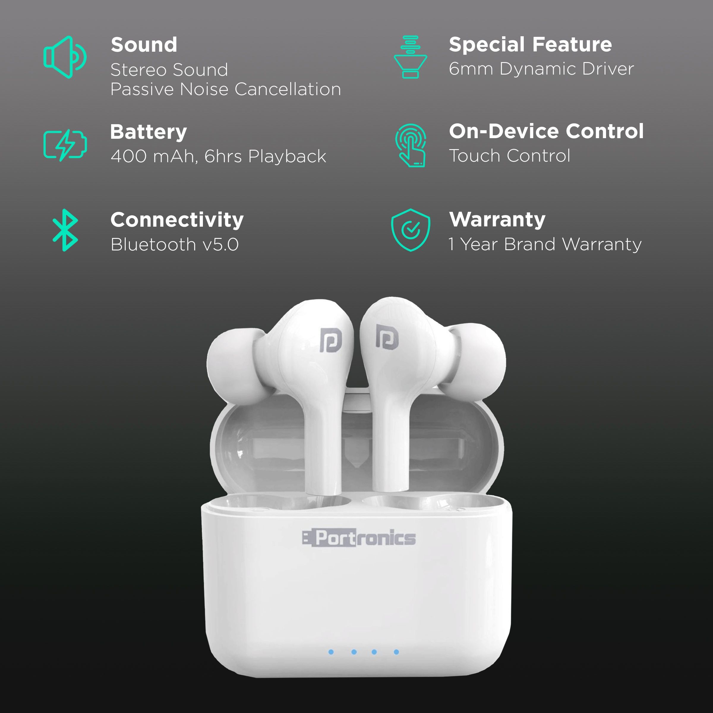 PORTRONICS Harmonics Twins 33 POR 1175 TWS Earbuds with Passive Noise Cancellation (IPX5 Sweat & Water Resistant, 27 Hours Playtime, White)_2