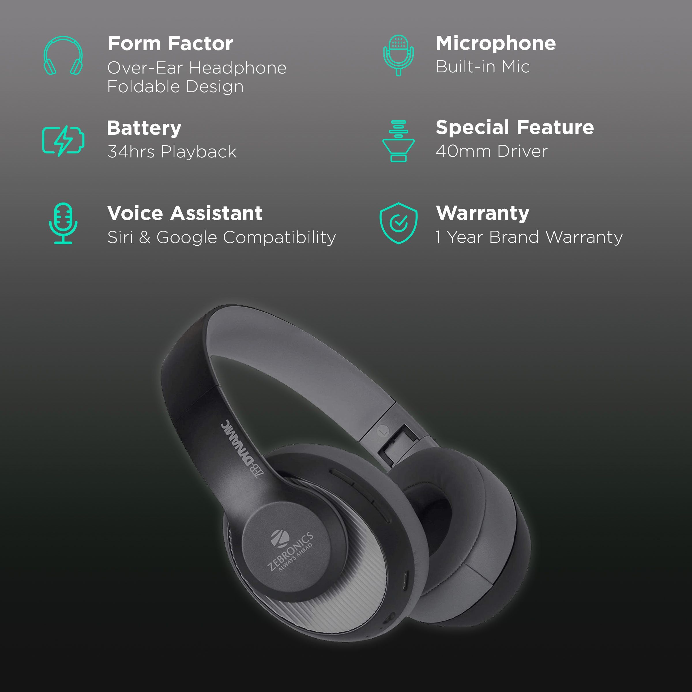ZEBRONICS Dynamic Bluetooth Headphone with Mic (34 Hours Playtime, Over Ear, Black) ZEBRONICS Dynamic Bluetooth Headphone with Mic (34 Hours Playtime, Over Ear, Black)_2