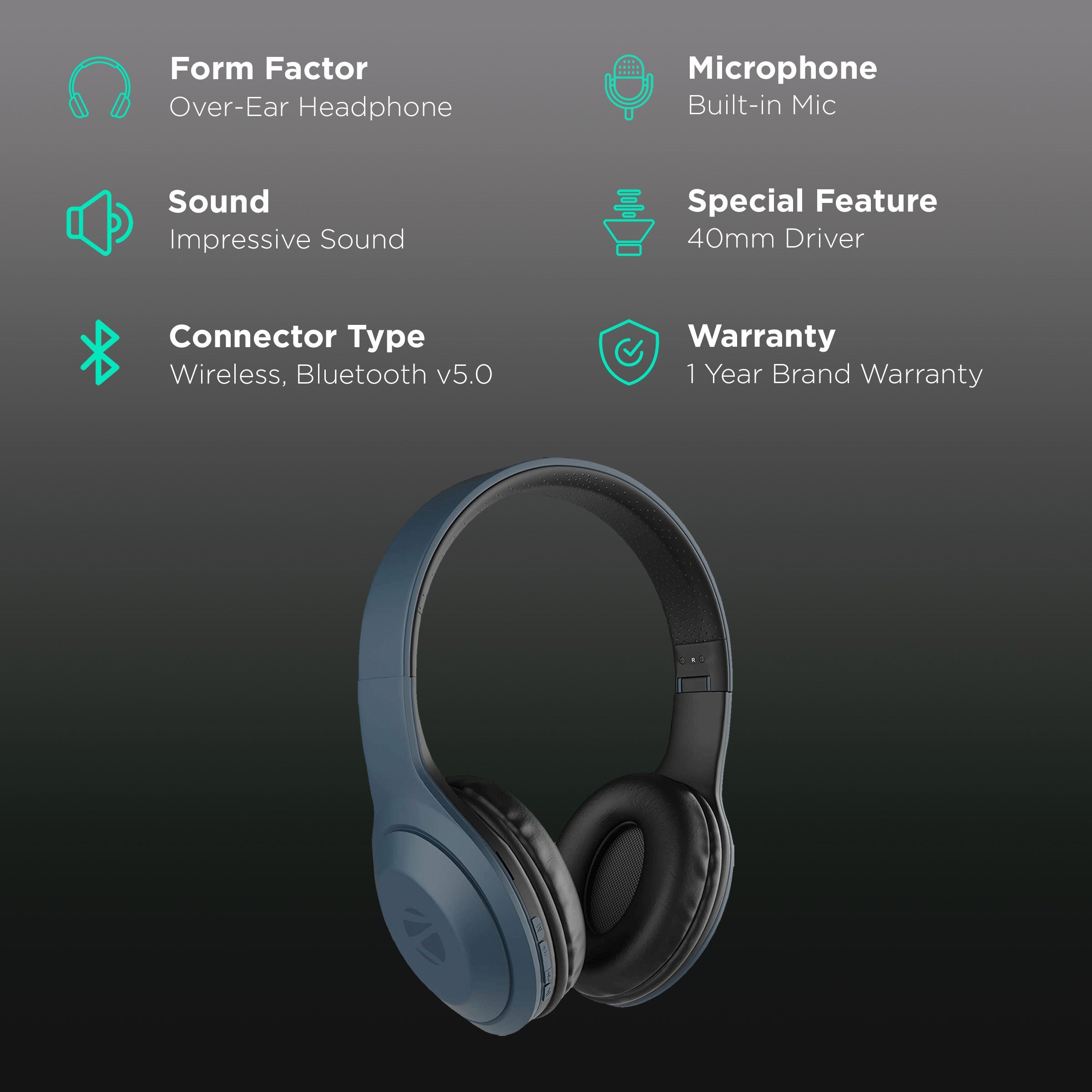 ZEBRONICS Duke 101 Bluetooth Headphone with Mic (12 Hours Playback, Over Ear, Blue)_2