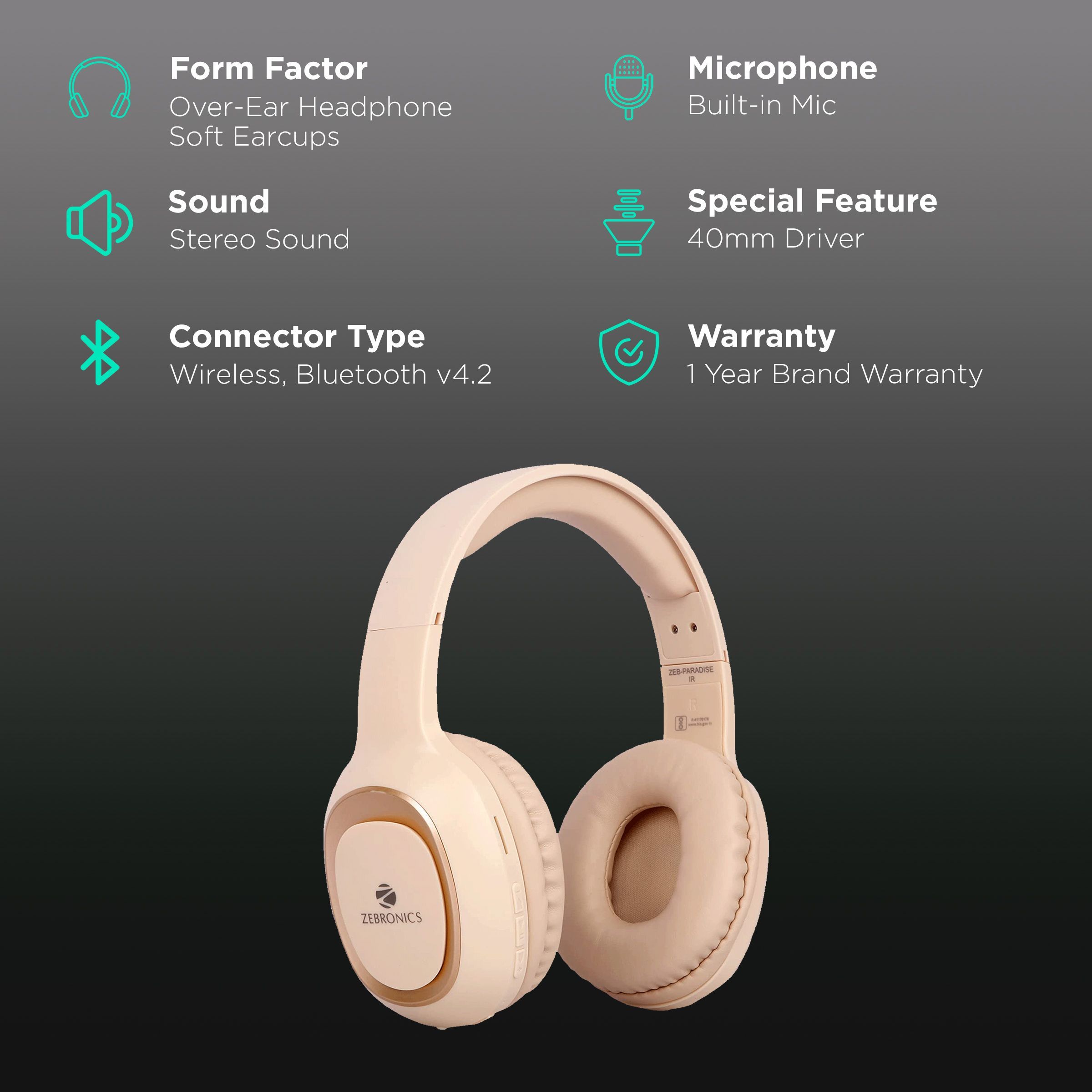 ZEBRONICS Paradise Bluetooth Headphone with Mic (15 Hours Playback, Over Ear, Beige) ZEBRONICS Paradise Bluetooth Headphone with Mic (15 Hours Playback, Over Ear, Beige)_2