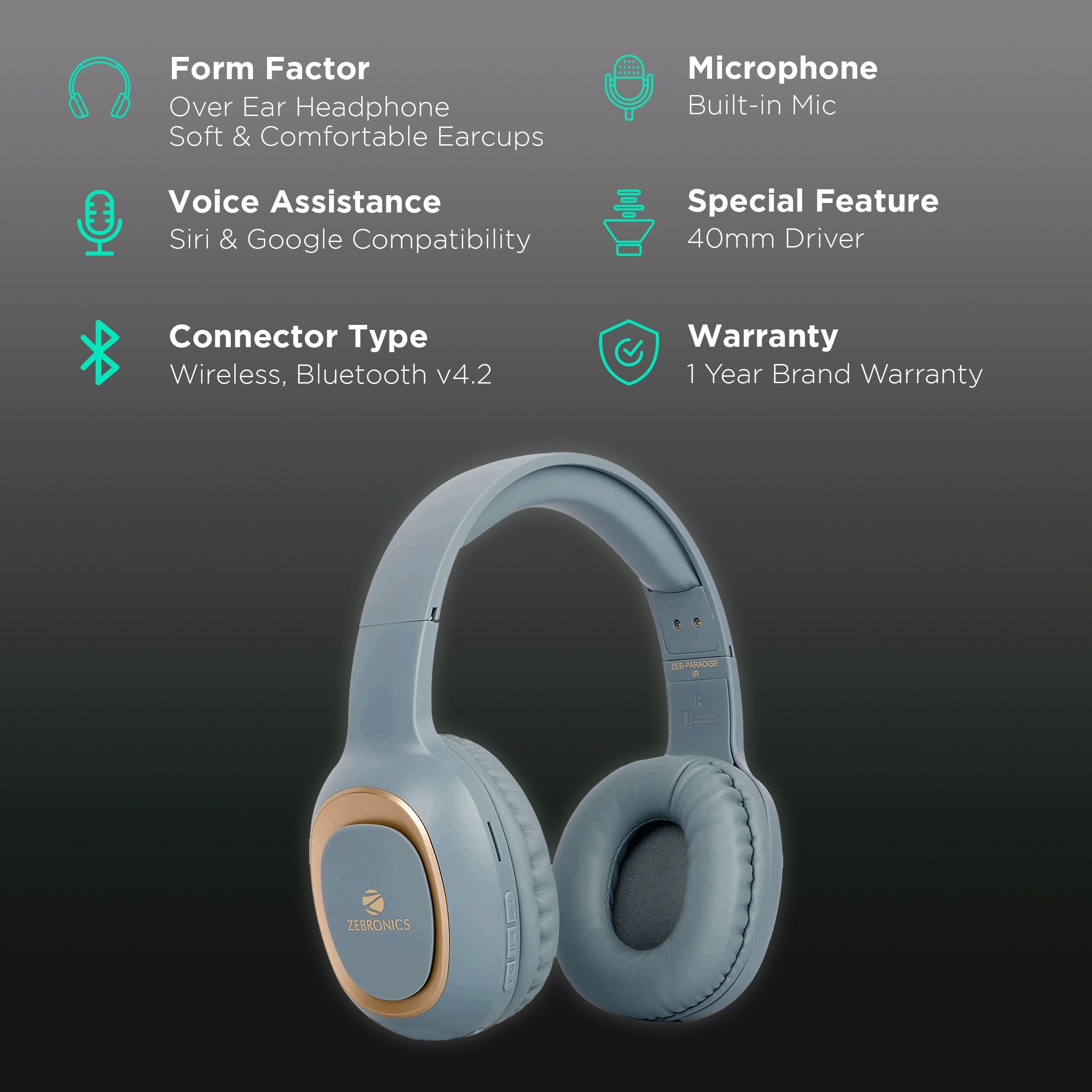 ZEBRONICS Paradise Bluetooth Headphone with Mic (15 Hours Playback, Over Ear, Blue)_2