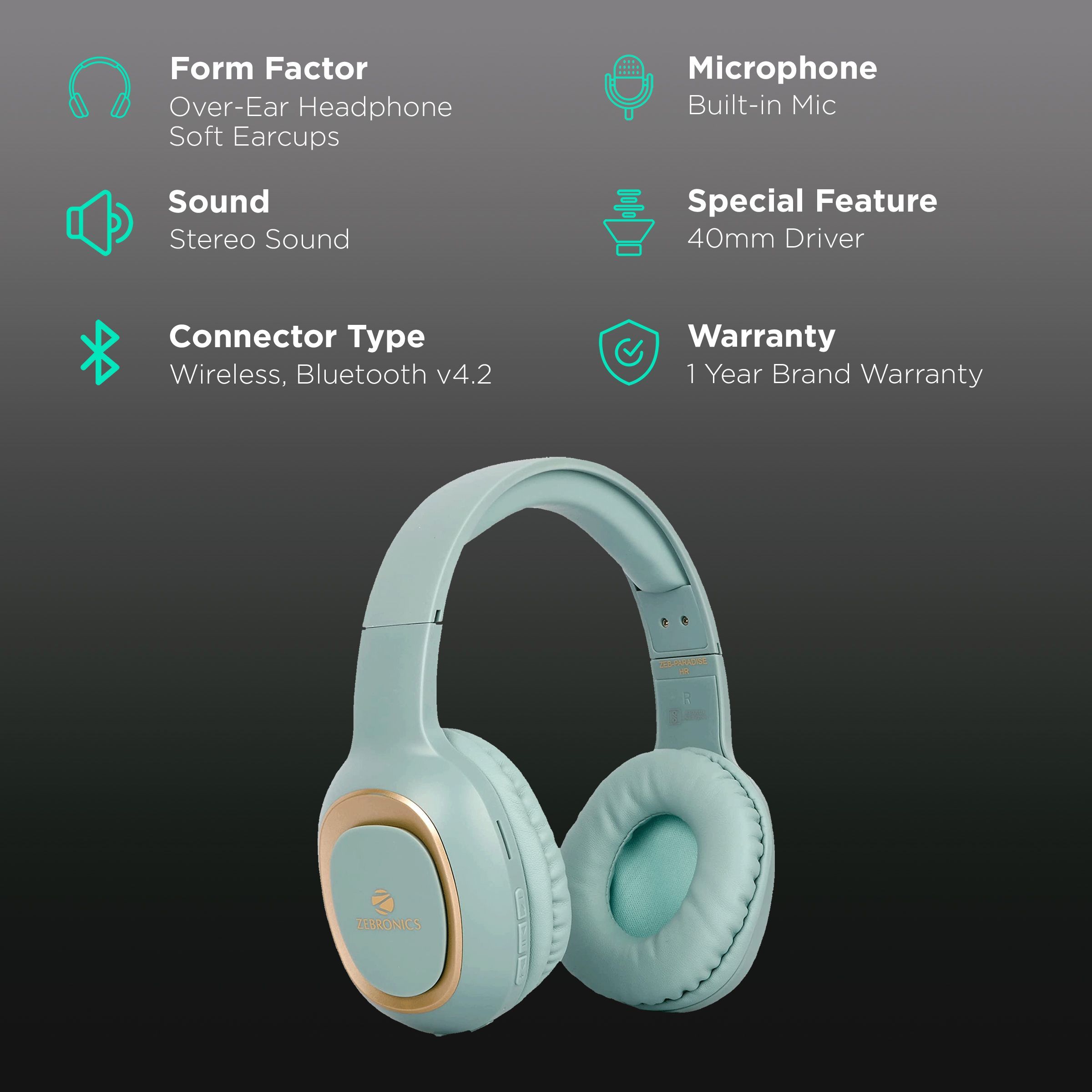 ZEBRONICS Paradise Bluetooth Headphone with Mic (15 Hours Playback, Over Ear, Green)_2