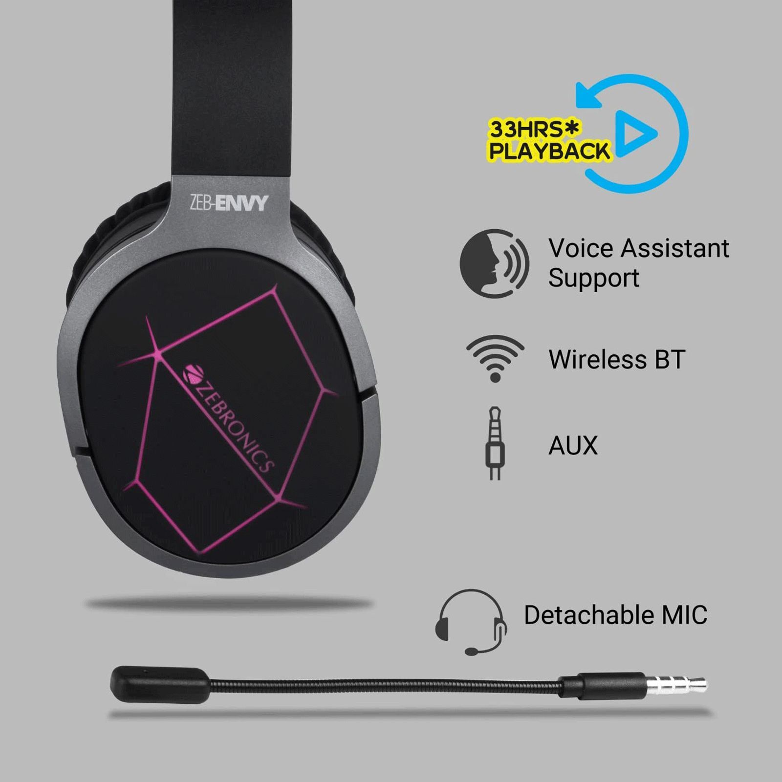 ZEBRONICS Envy Bluetooth Headphone with Mic (33 Hours Playtime, Over Ear, Black)_6