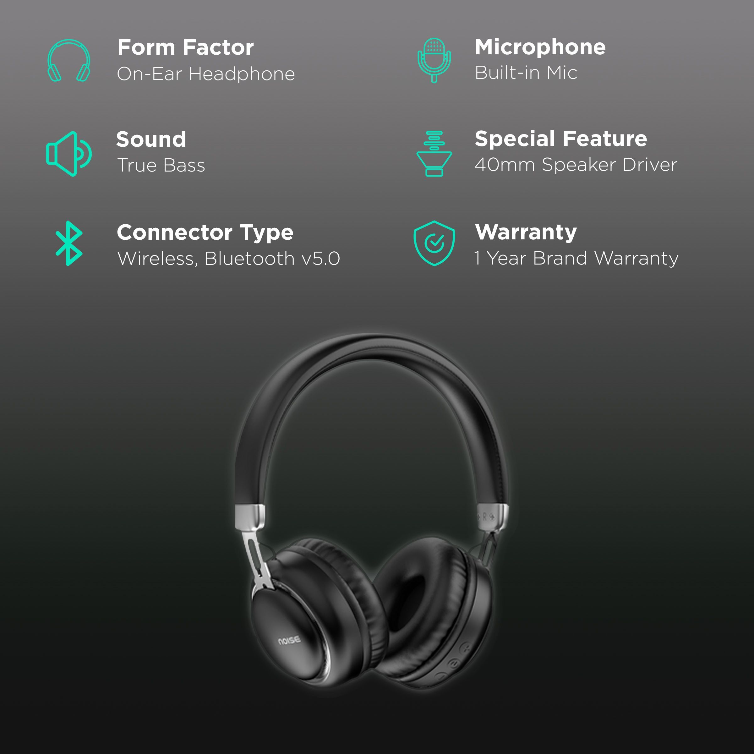 Noise Powr AUD-HDPHN-POWR Bluetooth Headphone with Mic (25 Hours Playback, On Ear, Onyx Black)_2