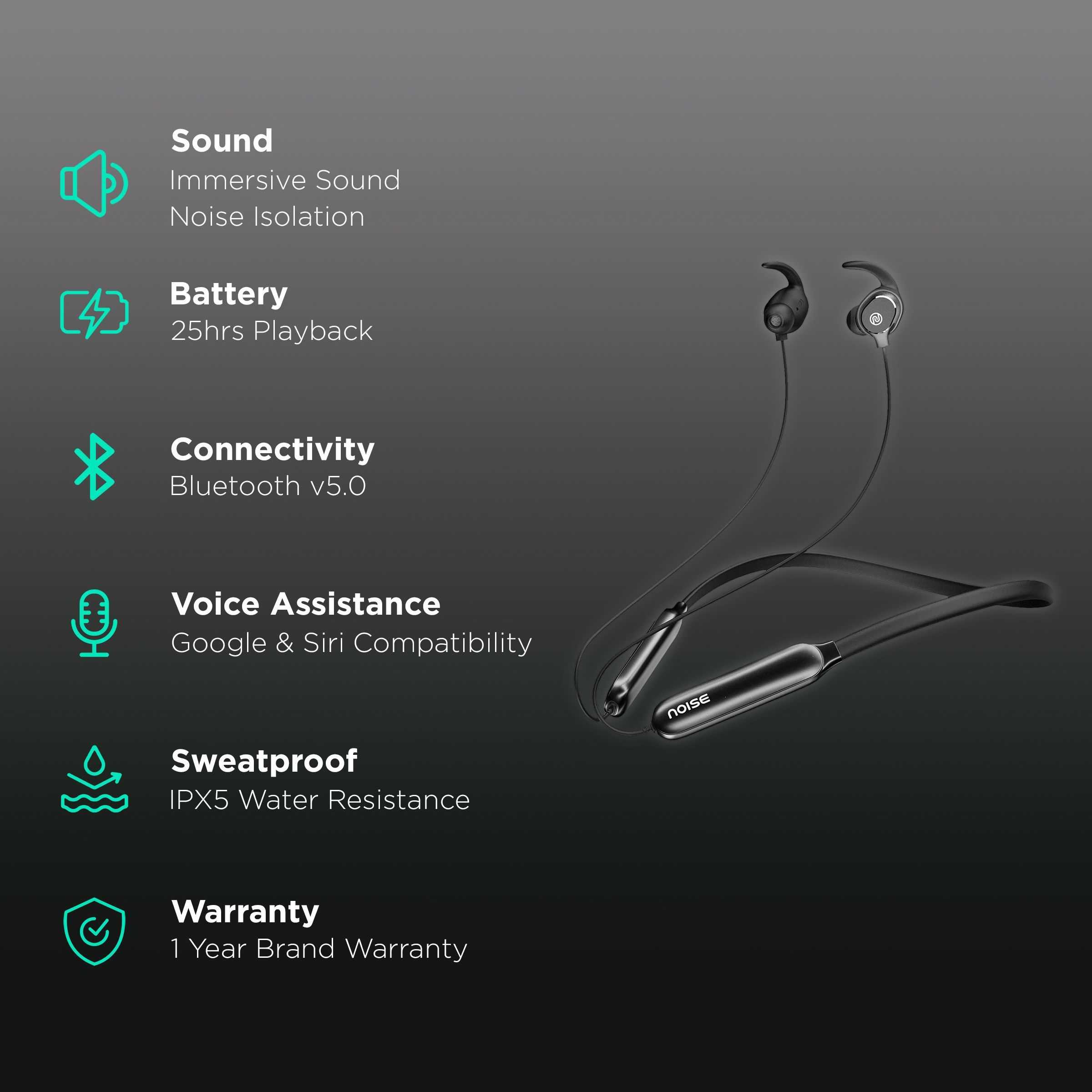 noise Sense Neckband with Noise Isolation (IPX5 Water Resistant, 25 Hours Playtime, Jet Black)_2