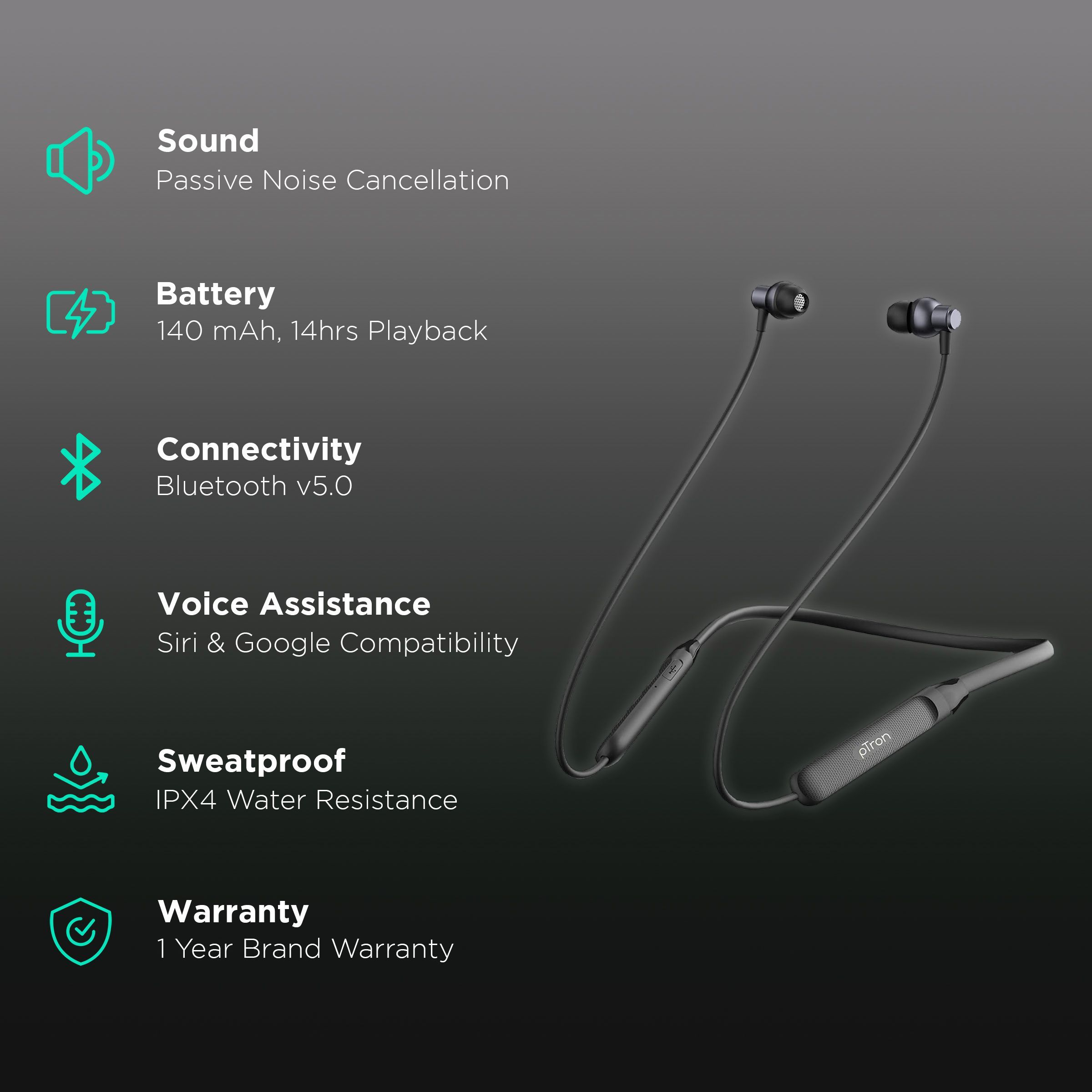 pTron Tangent Evo 140317085 Neckband with Passive Noise Cancellation (IPX4 Sweat & Water Resistant, 6 Hours Playtime, Black/Grey) pTron Tangent Evo 140317085 Neckband with Passive Noise Cancellation (IPX4 Sweat & Water Resistant, 6 Hours Playtime, Black/Grey)_2