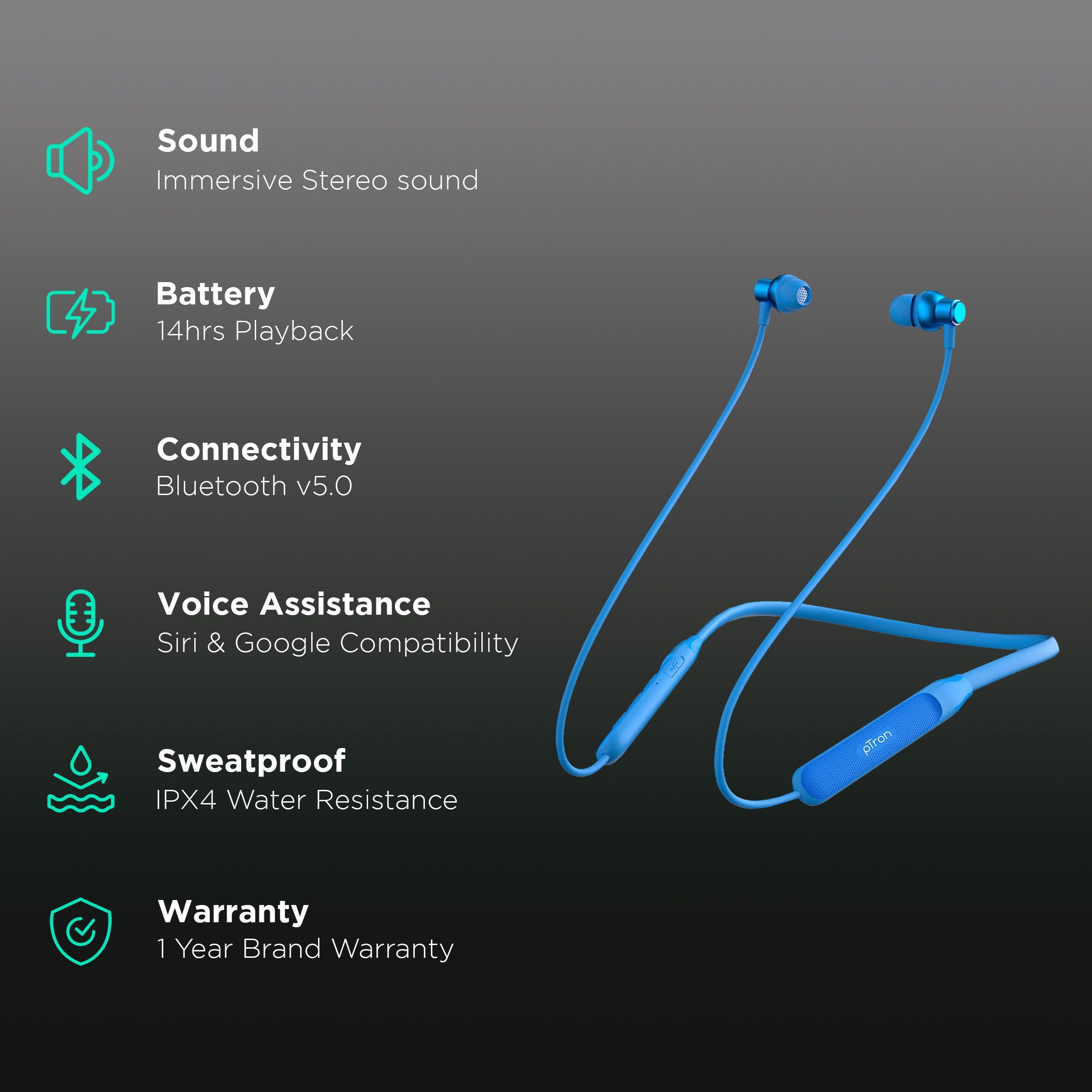 pTron Tangent Evo Neckband with Passive Noise Cancellation (IPX4 Water Resistant, 14 Hours Playback, Blue)_2
