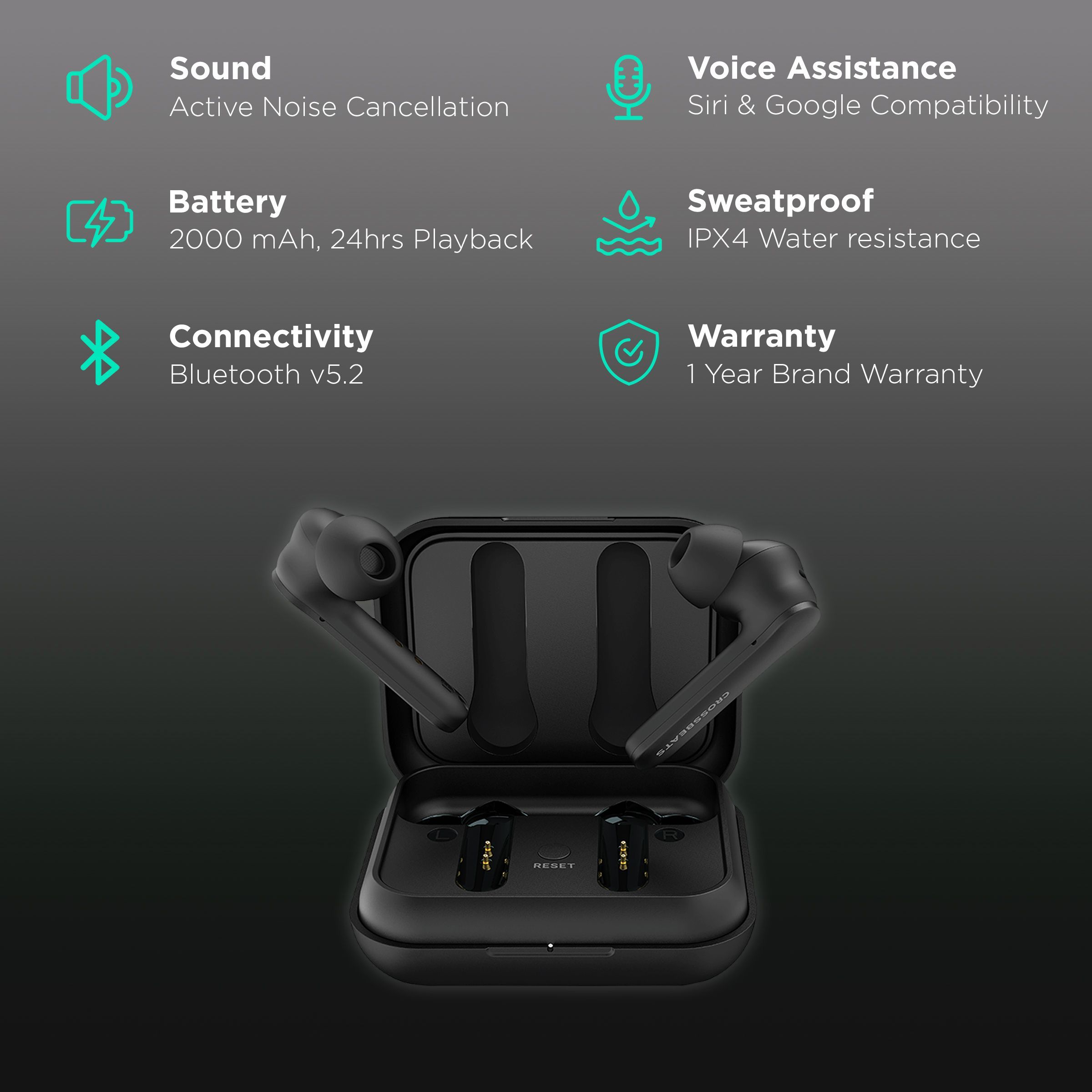 CROSSBEATS Enigma TWS Earbuds with Hybrid Active Noise Cancellation (IPX4 Water Resistant, 24 Hours Playback, Black)_2