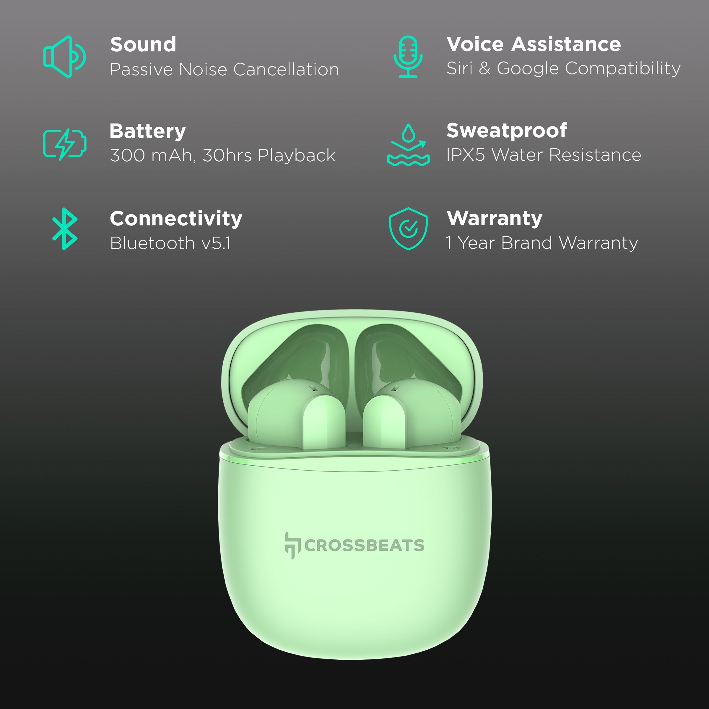 CROSSBEATS Airpop TWS Earbuds with Passive Noise Cancellation (IPX5 Water Resistant, 30 Hours Playback, Neon Green)_2