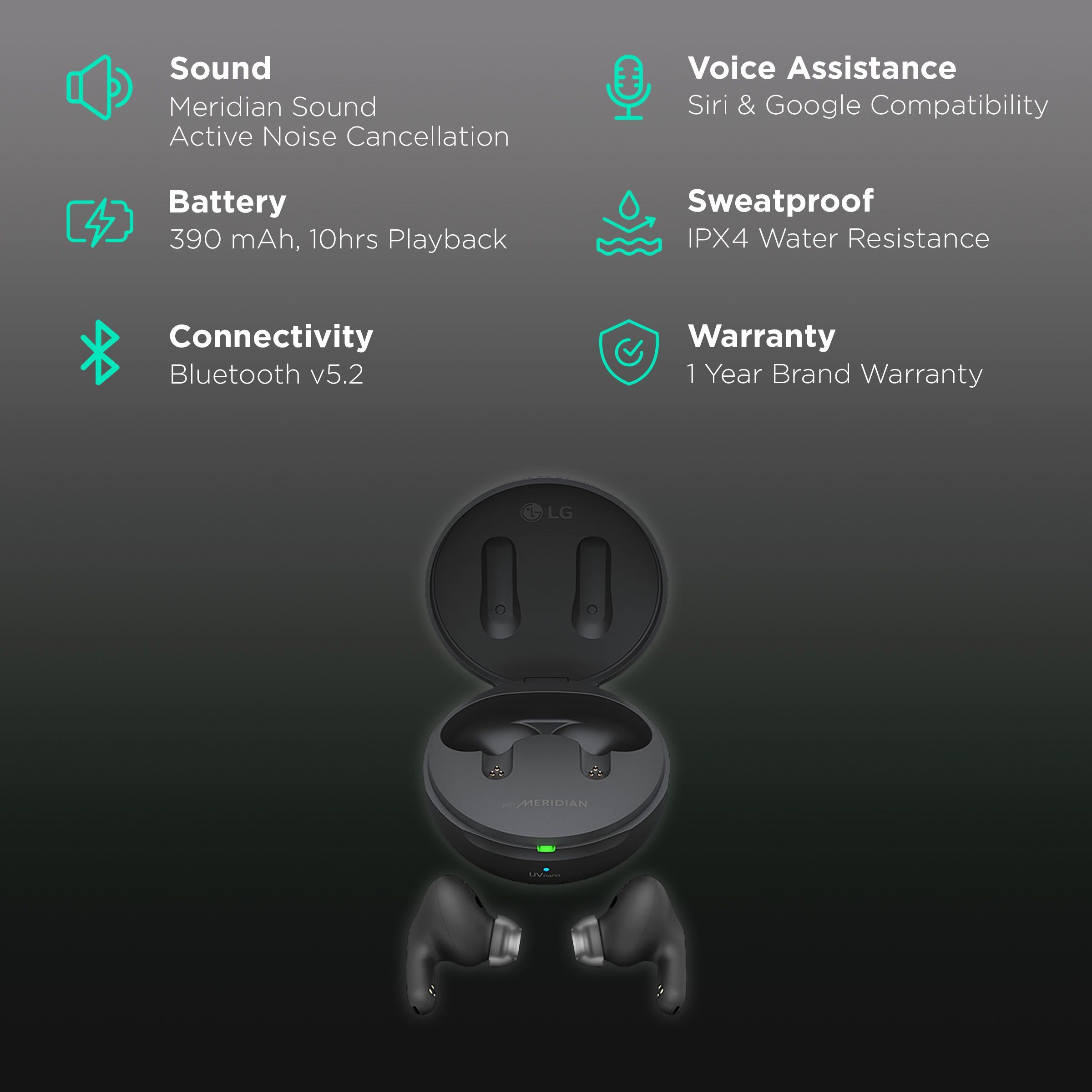 LG Tone Free TONE-FP9.CINDLLK TWS Earbuds with Active Noise Cancellation (IPX4 Sweat & Water Resistant, 15 Hours Playback, Charcoal Black)_2