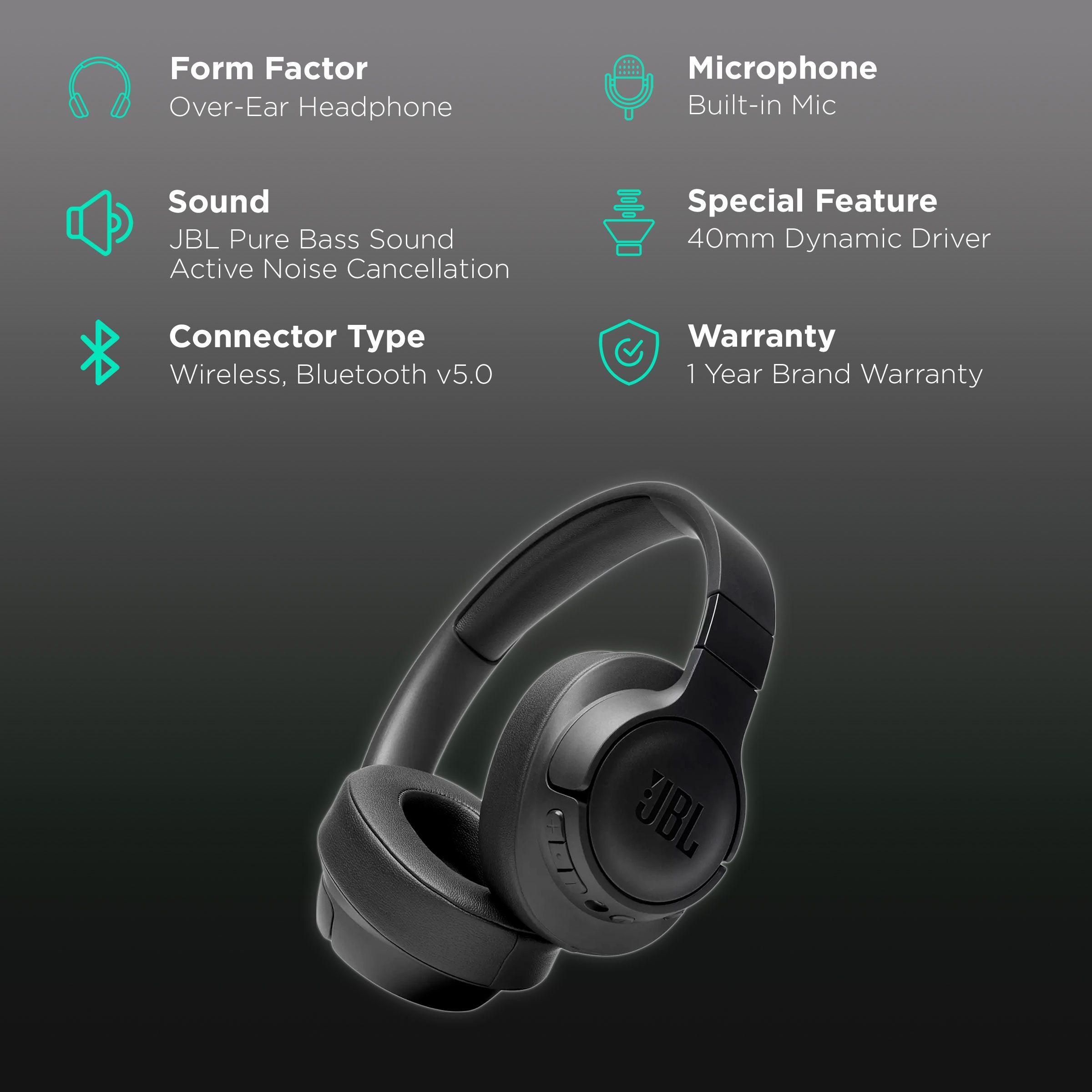 JBL Tune 760NC JBLT760NCBLK Bluetooth Headphone with Mic (50 Hours Playback, Over Ear, Black)_2