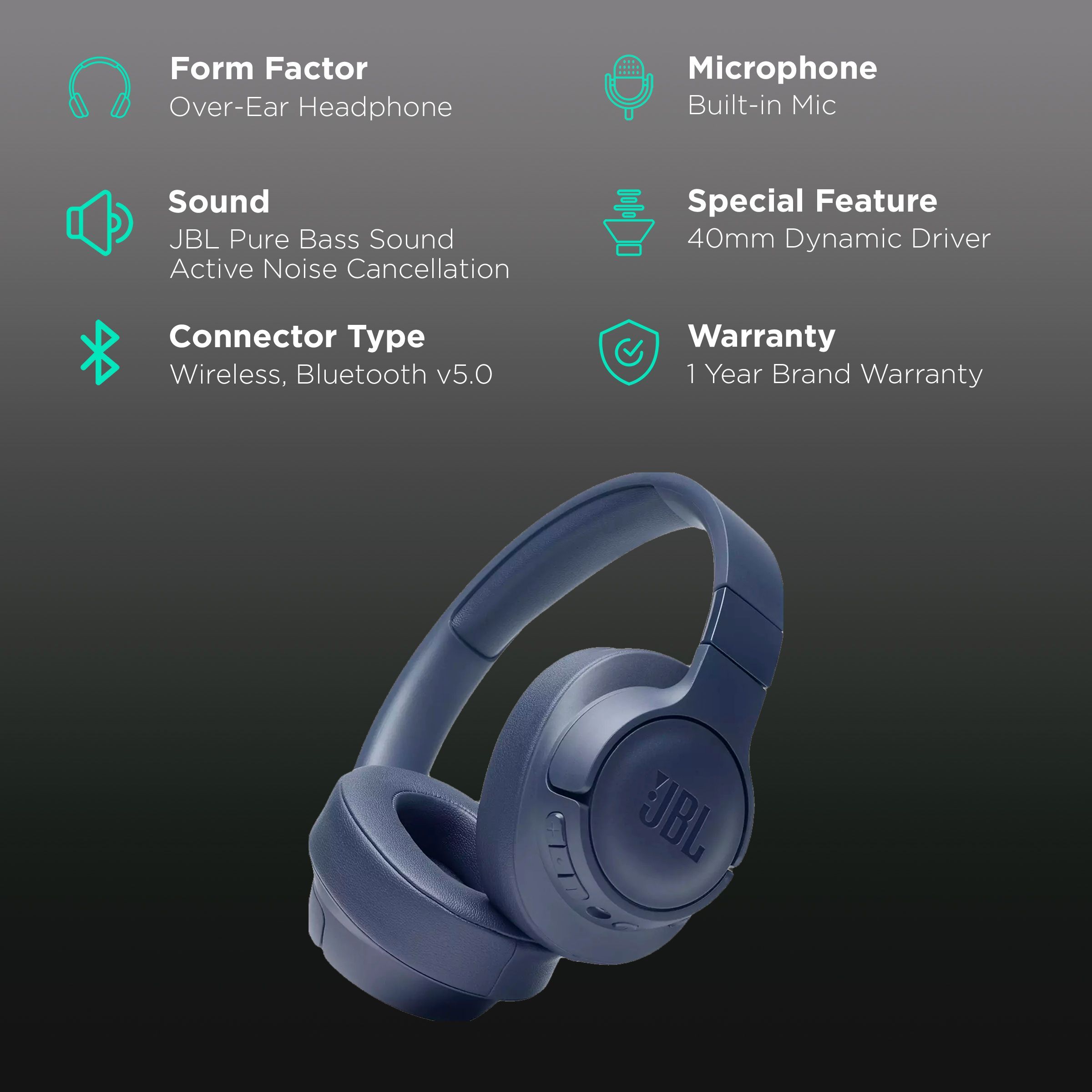 JBL Tune 760 JBLT760NCBLU Bluetooth Headphone with Mic (50 Hours Playback, Over Ear, Blue)_2