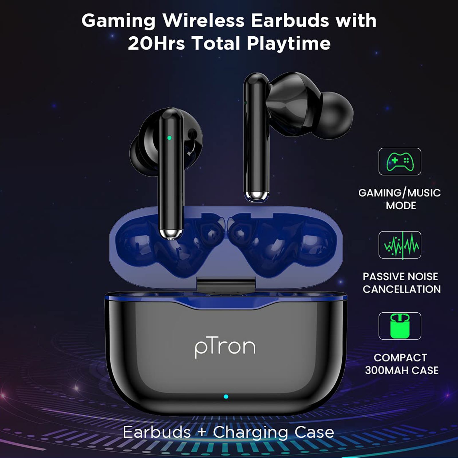 pTron Bassbuds Pixel 140318100 TWS Earbuds with Passive Noise Cancellation (IPX4 Sweat & Water Resistant, 20 Hours Playback, Black)_7