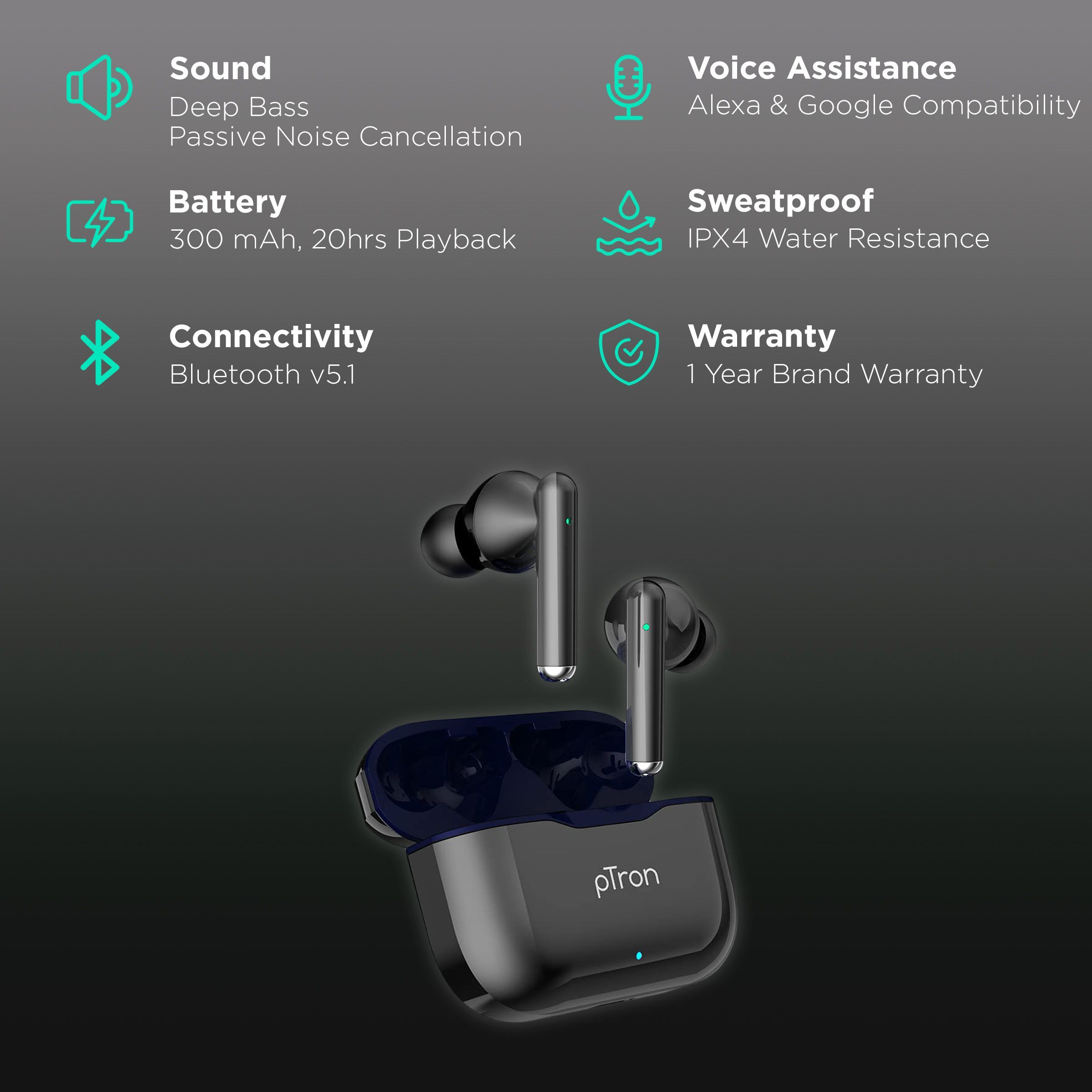 pTron Bassbuds Pixel 140318100 TWS Earbuds with Passive Noise Cancellation (IPX4 Sweat & Water Resistant, 20 Hours Playback, Black)_2