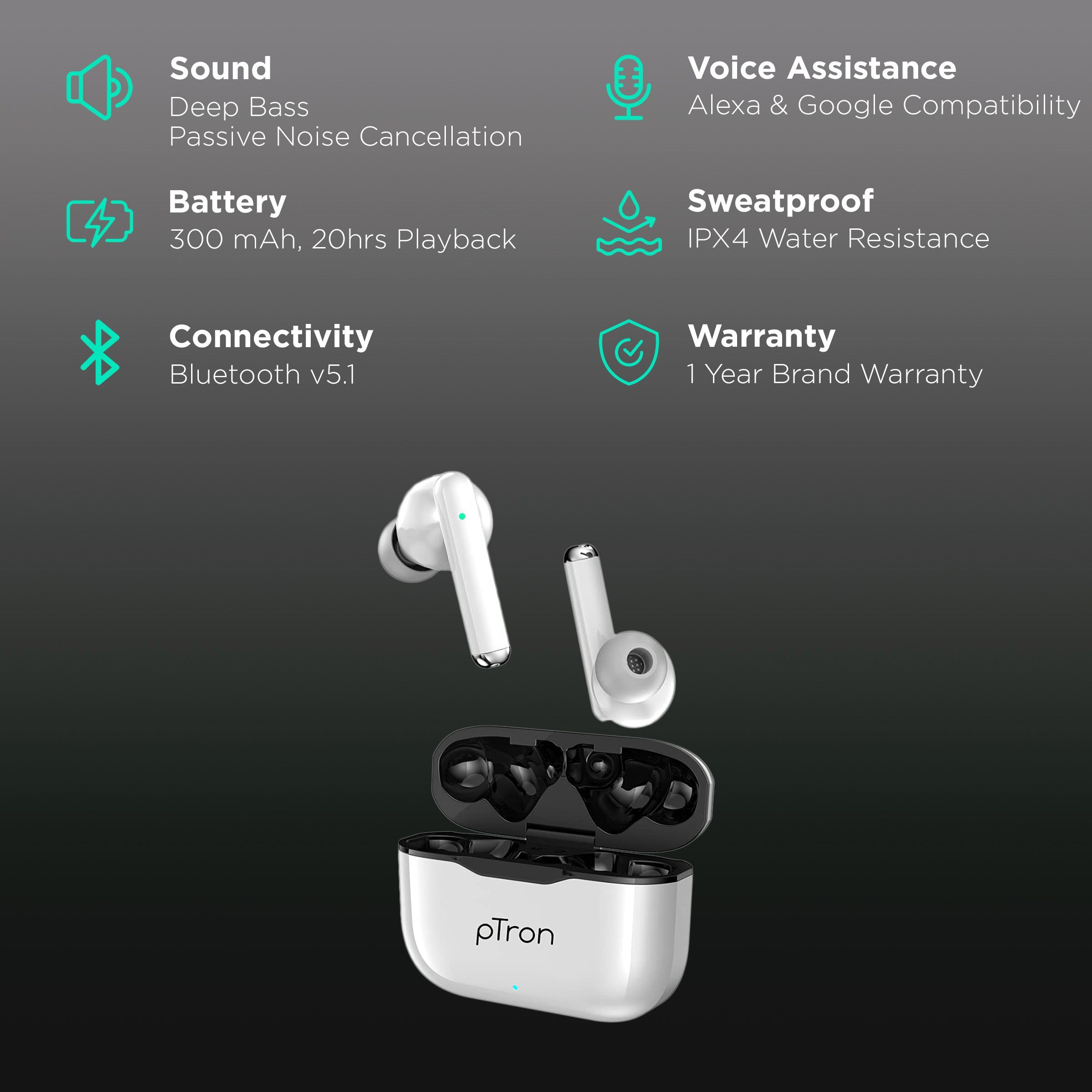 pTron Bassbuds Pixel 140318101 TWS Earbuds with Passive Noise Cancellation (IPX4 Sweat & Water Resistant, 20 Hours Playback, White) pTron Bassbuds Pixel 140318101 TWS Earbuds with Passive Noise Cancellation (IPX4 Sweat & Water Resistant, 20 Hours Playback, White)_2