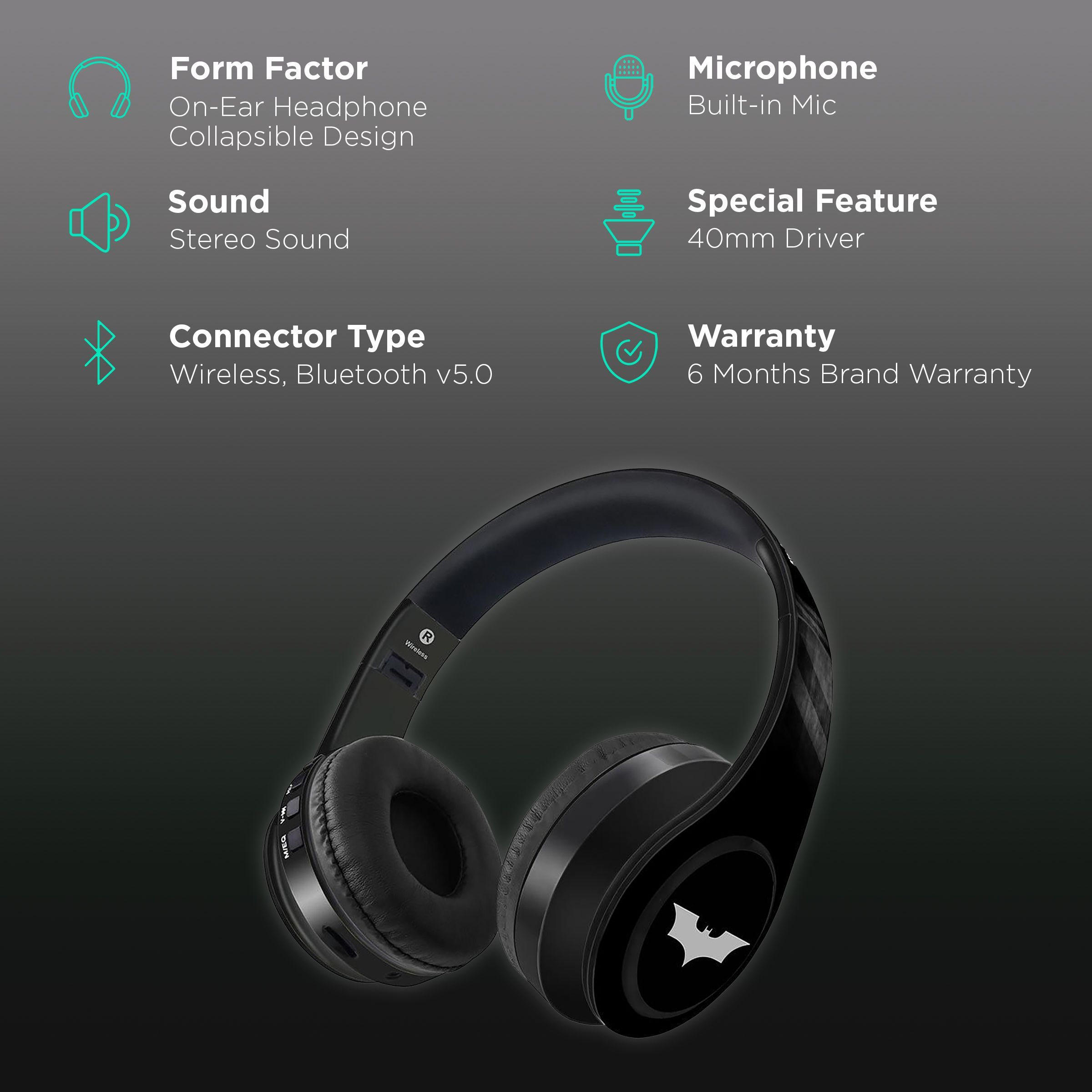 macmerise StepSetGo Batman - Decibel SODCSSGDC5088 Bluetooth Headphone with Mic (Passive Noise Cancellation, On Ear, Multicolor)_2