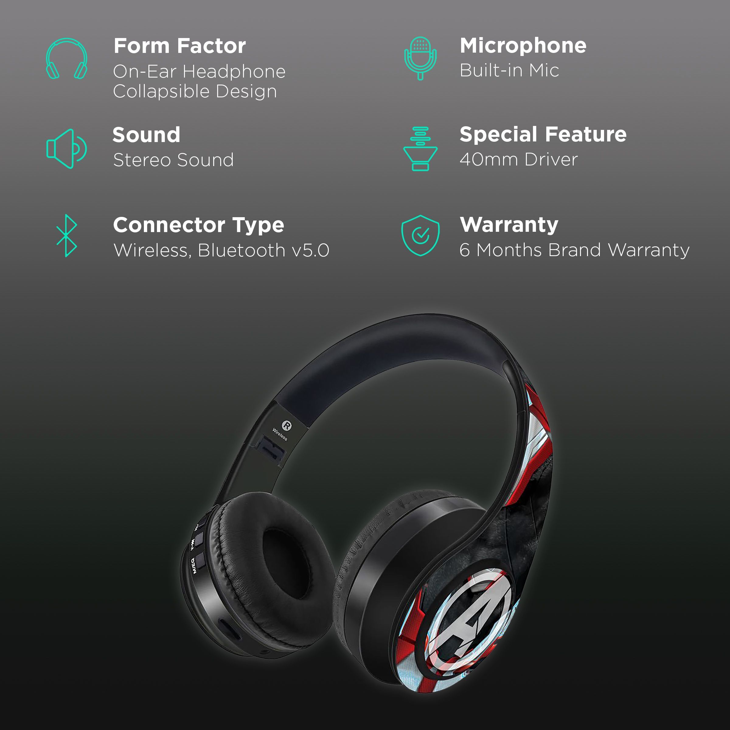 macmerise Endgame Suit Avengers - Decibel SODCIBLMM4498 Bluetooth Headphone with Mic (Passive Noise Cancellation, On Ear, Multicolor)_2