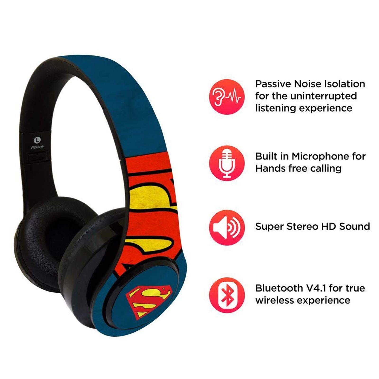 macmerise Overload Superman - Decibel SODCIBLDC4250 Bluetooth Headphone with Mic (Passive Noise Cancellation, On Ear, Multicolor)_6