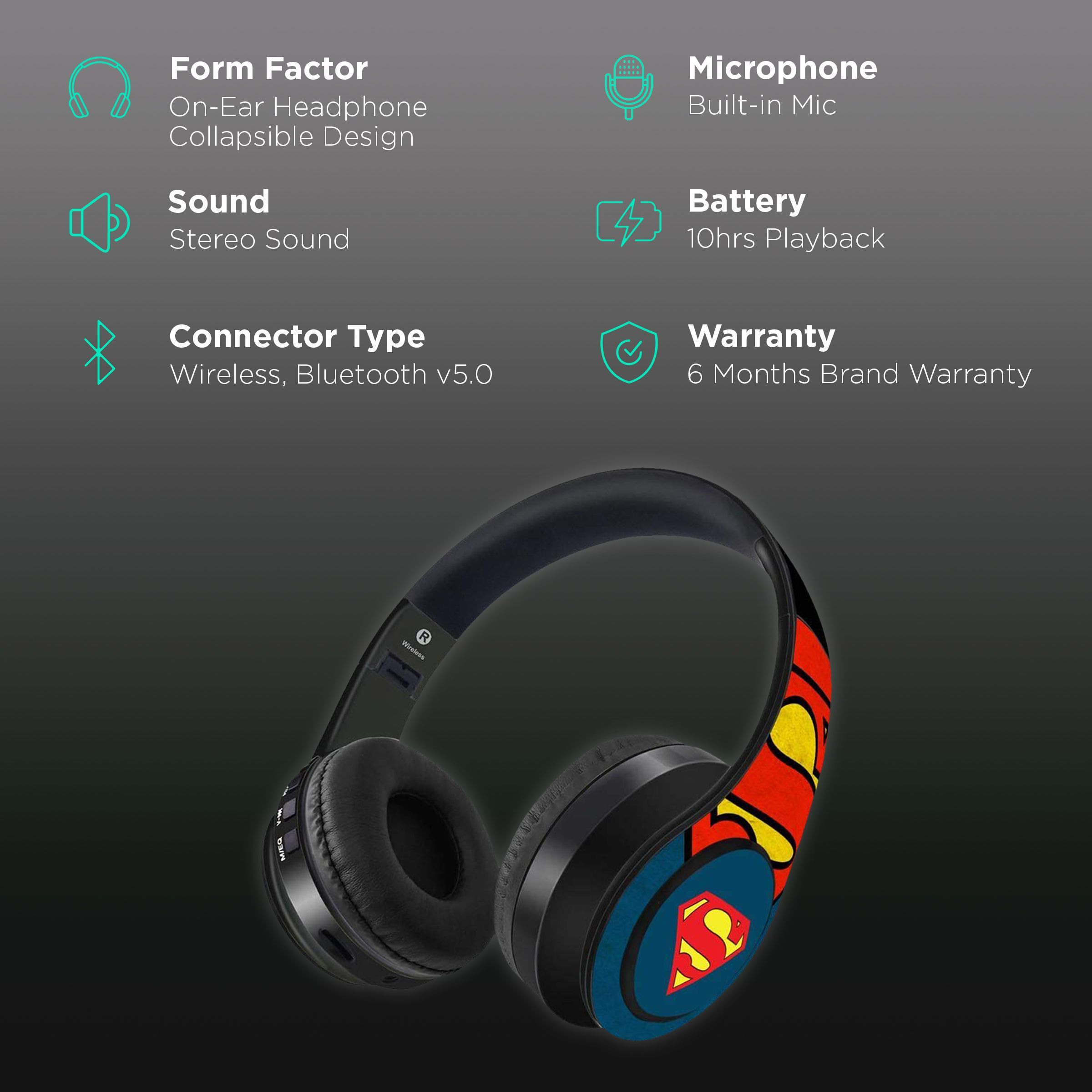 macmerise Overload Superman - Decibel SODCIBLDC4250 Bluetooth Headphone with Mic (Passive Noise Cancellation, On Ear, Multicolor)_2