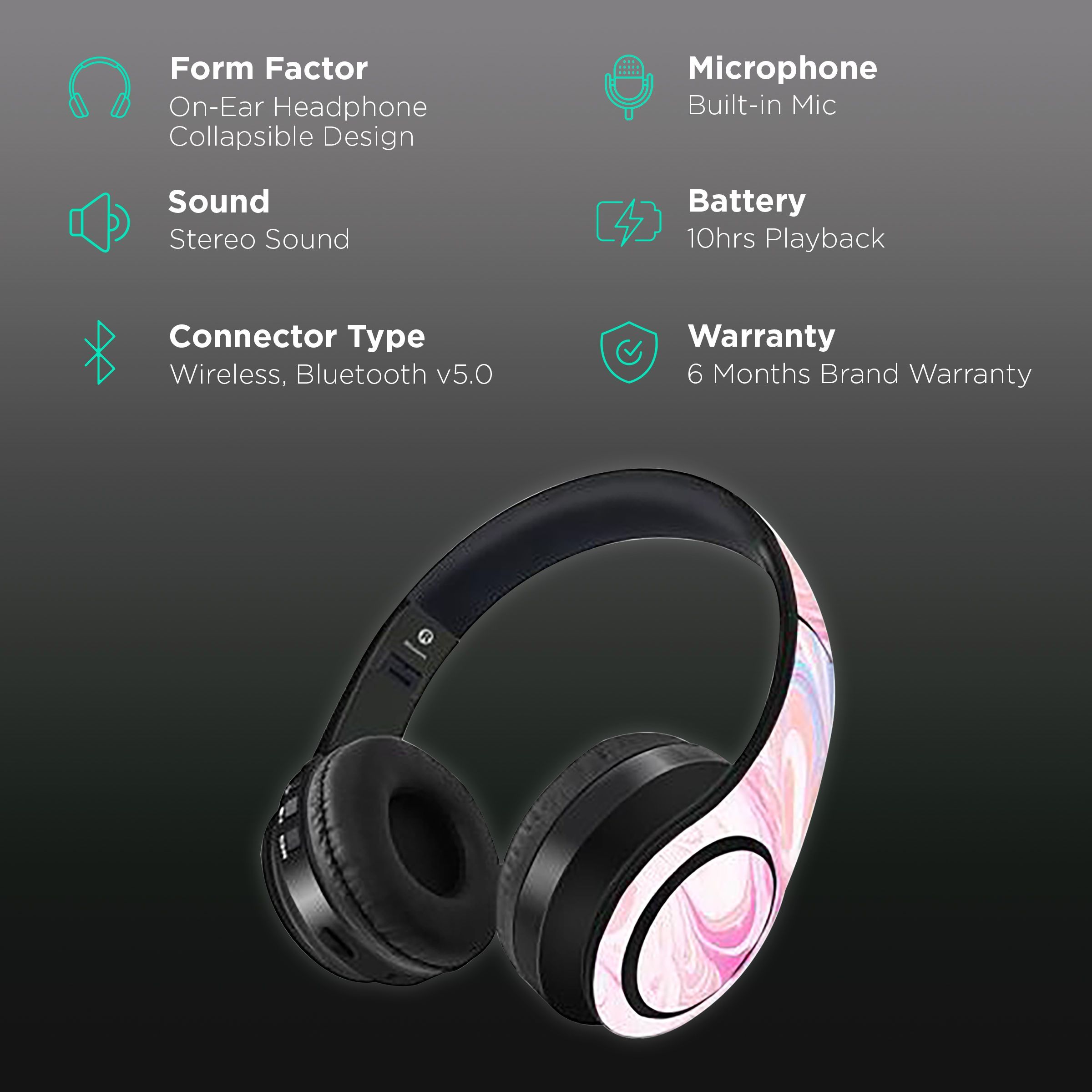 macmerise Marble Petal Pink - Decibel SODCIBLSM2454 Bluetooth Headphone with Mic (Passive Noise Cancellation, On Ear, Multicolor)_2