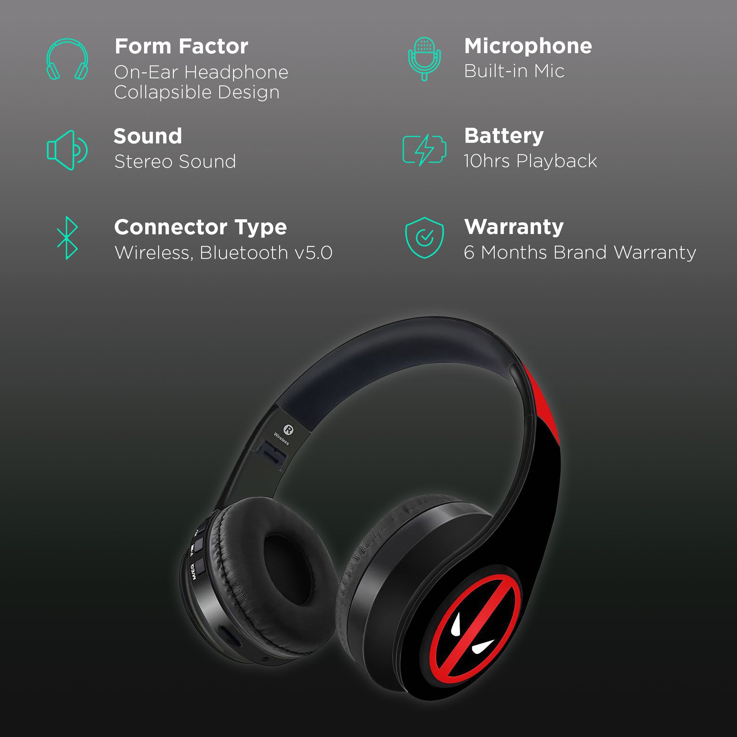 macmerise Face Focus Deadpool - Decibel SODCIBLMM3928 Bluetooth Headphone with Mic (Passive Noise Cancellation, On Ear, Multicolor)_2