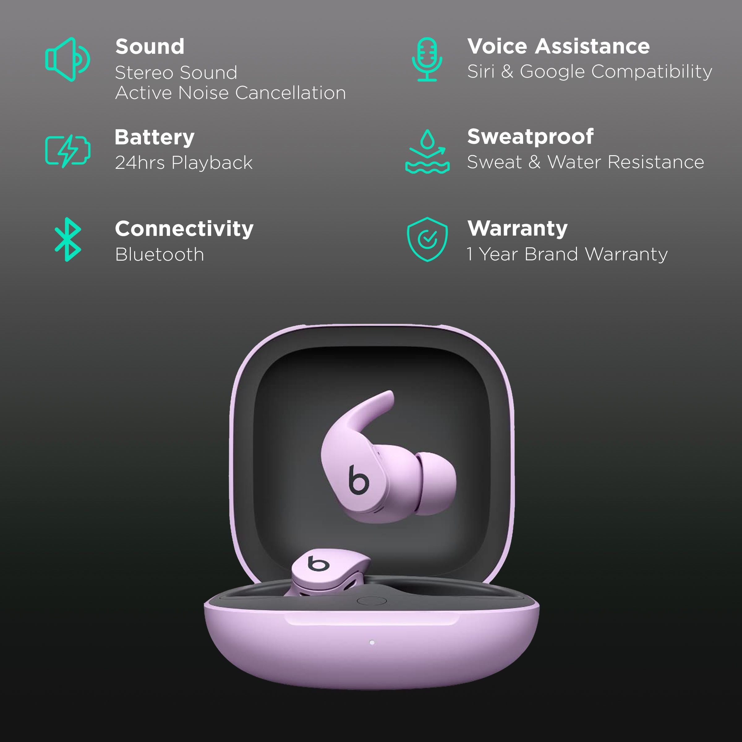 beats Fit Pro MK2H3ZM/A TWS Earbuds with Active Noise Cancellation (Sweat & Water Resistant, 24 Hours Playtime, Stone Purple)_2