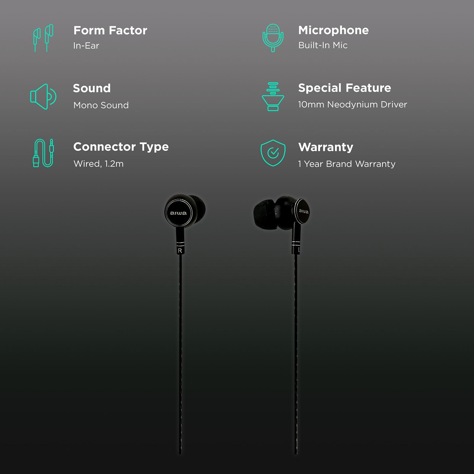 aiwa ESTM-101TN Wired Earphone with Mic (In Ear, Titanium Grey)_2