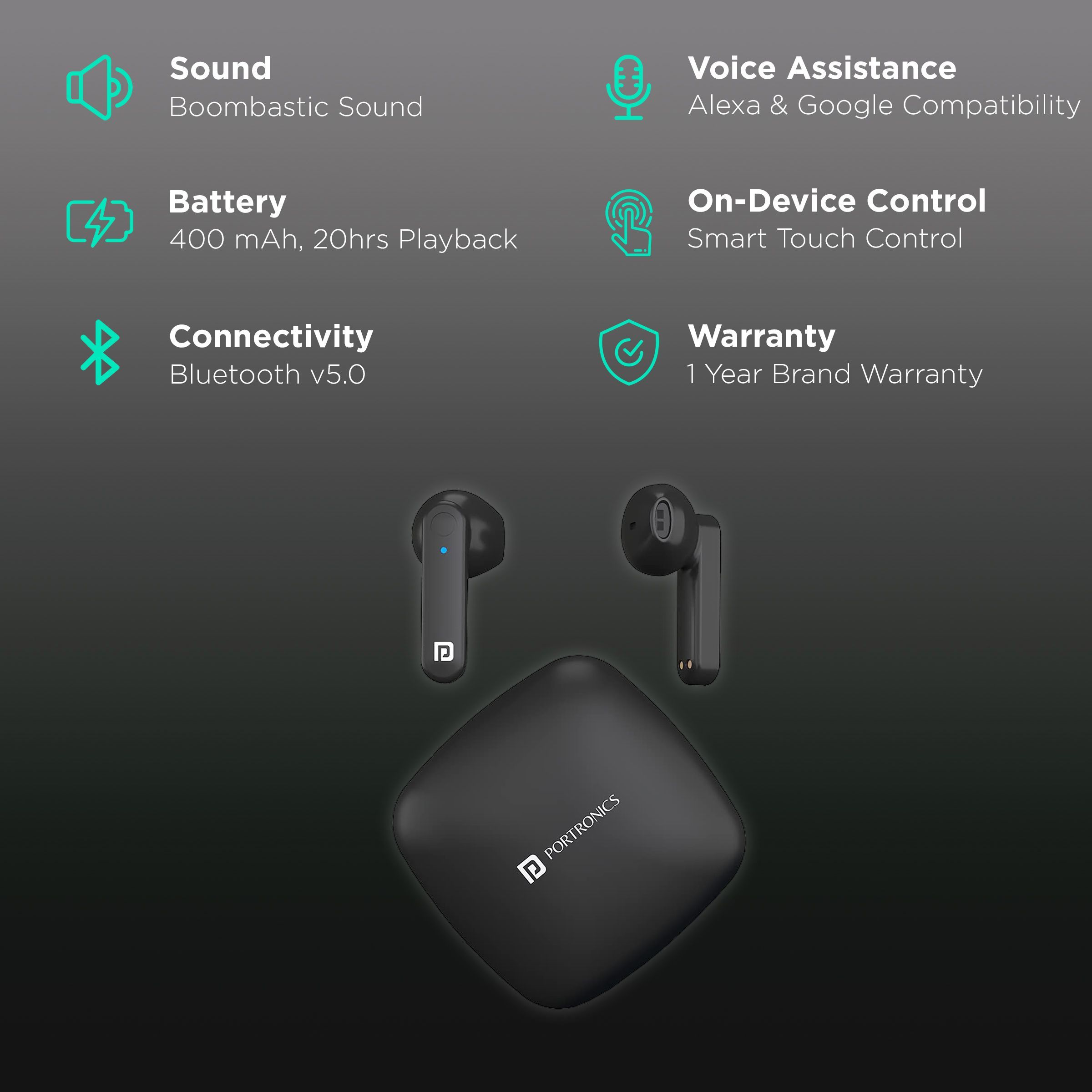 PORTRONICS Harmonics Twins S2 POR 1322 TWS Earbuds (Sweatproof & Water Resistant, 20 Hours Playback, Black)_2