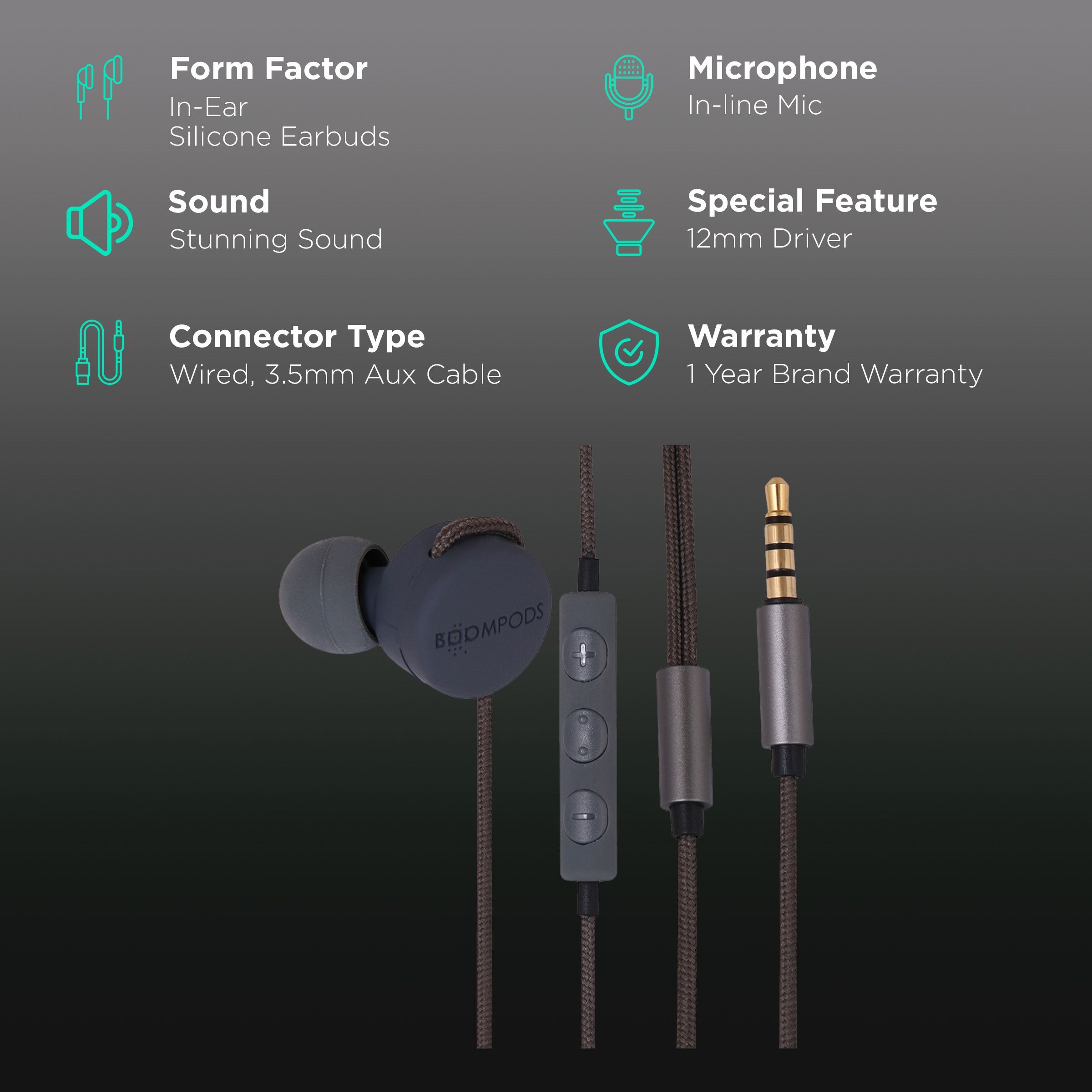 BOOMPODS Retrobuds Wired Earphone with Mic (In Ear, Grey)_2